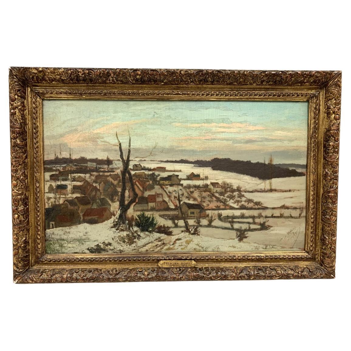 Felicien Rops (Belgium, 1833-1898) Oil Board, Village Landscape In Winter For Sale