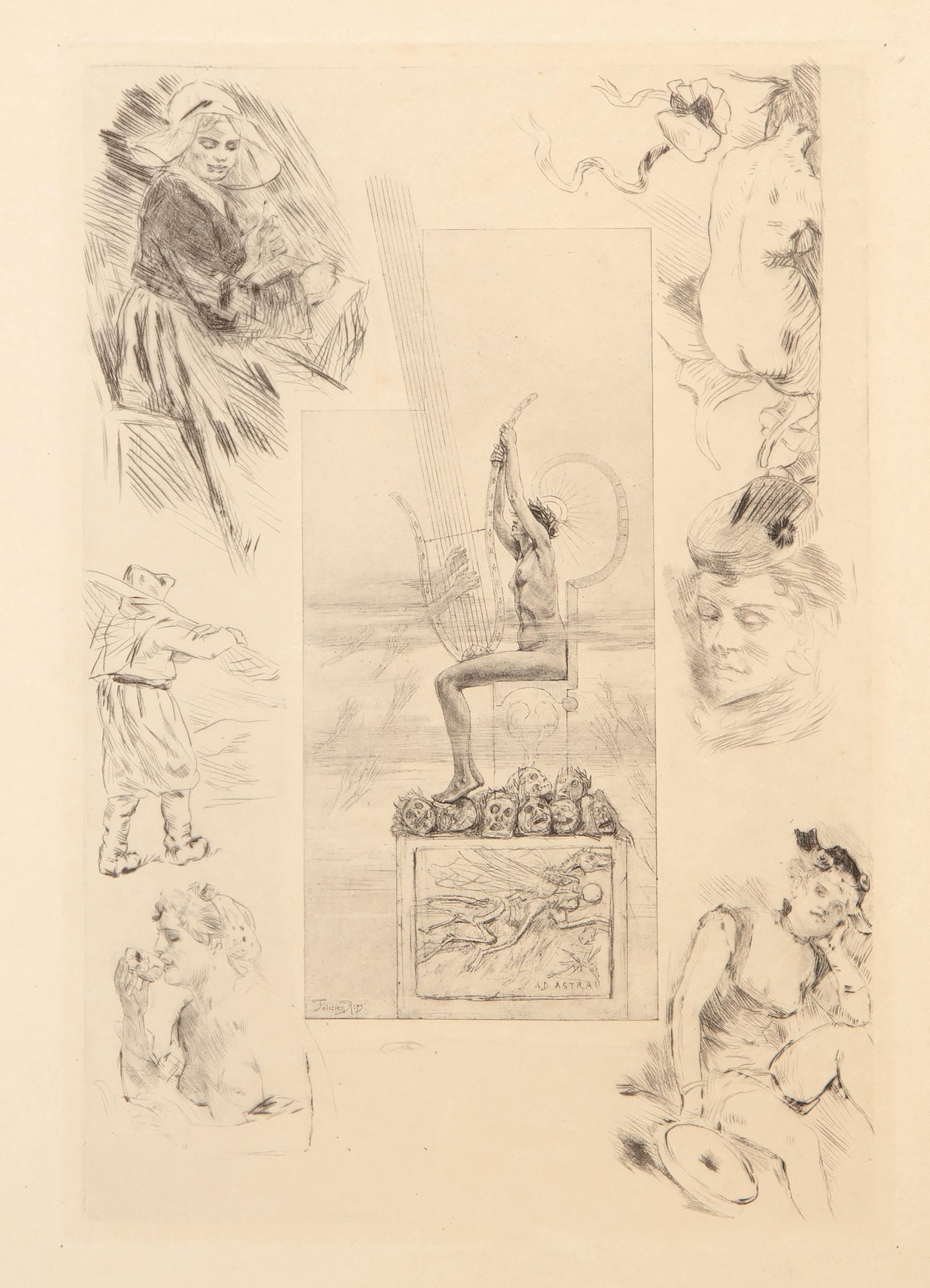  Felicien Rops, belga  (1833 - 1898) - La Lyre, Anno: 1958, Medium: Acquaforte, Dimensioni immagine: 8,75 x 6 pollici, Dimensioni: 12,5 x 9,75 pollici (31,75 x 24,77 cm), Descrizione: Dalla collezione del defunto Larry Saphire.