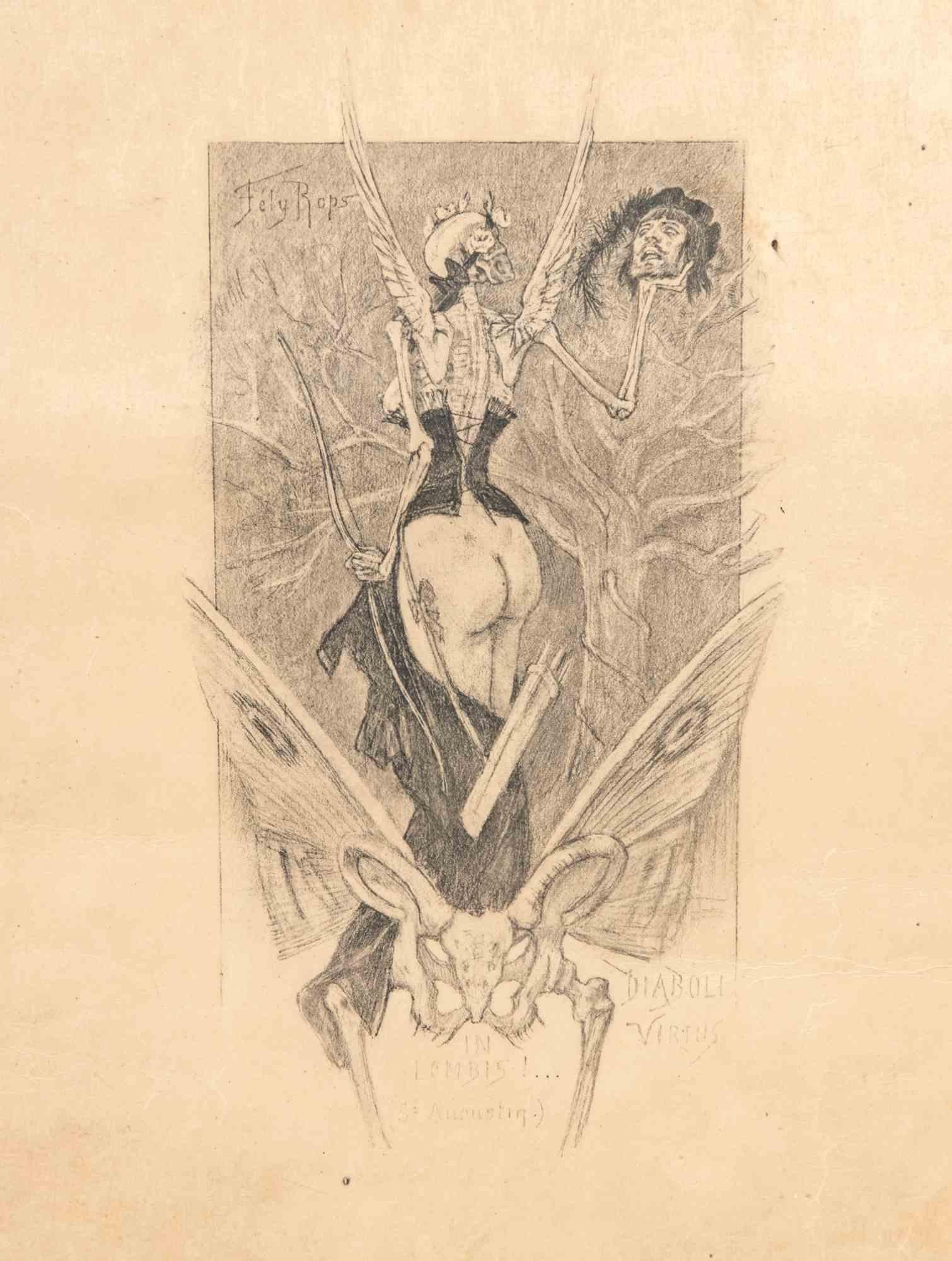 Aguafuerte realizado por Félicien Rops (1833-1898) para la novela "L'Initiation Sentimentale" de Joseéphin Péladan. 

Publicado por Edinger, París, en 1887. No firmado, tal como se emitió.

Una bella y rara impresión de por vida de este emblemático