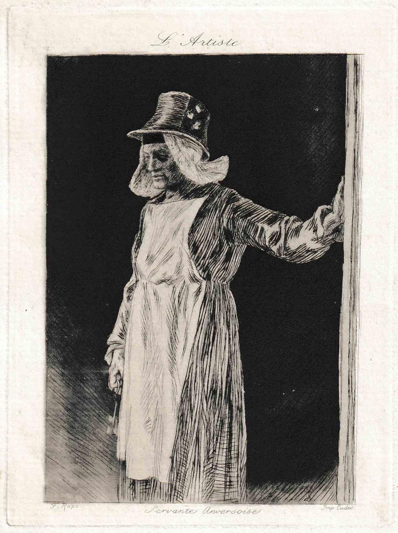 Félicien Rops Portrait Print – Vieille Masken, La Servante Anversoise