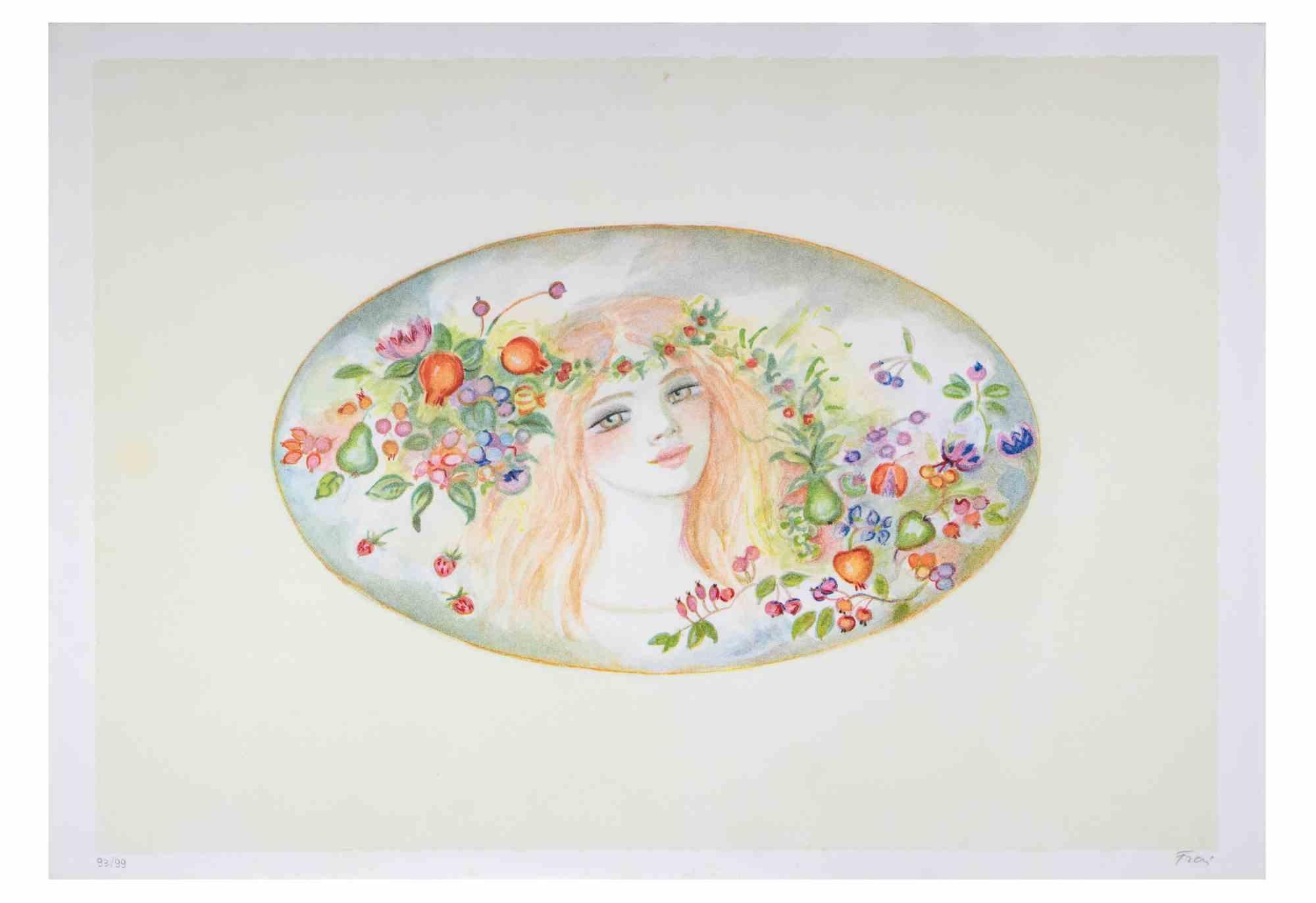 Portrait with a Garland of Flowers - Lithograph by Felicita Frai - 1980s For Sale 1
