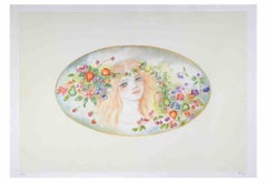 Portrait with a Garland of Flowers - Lithograph by Felicita Frai - 1980s