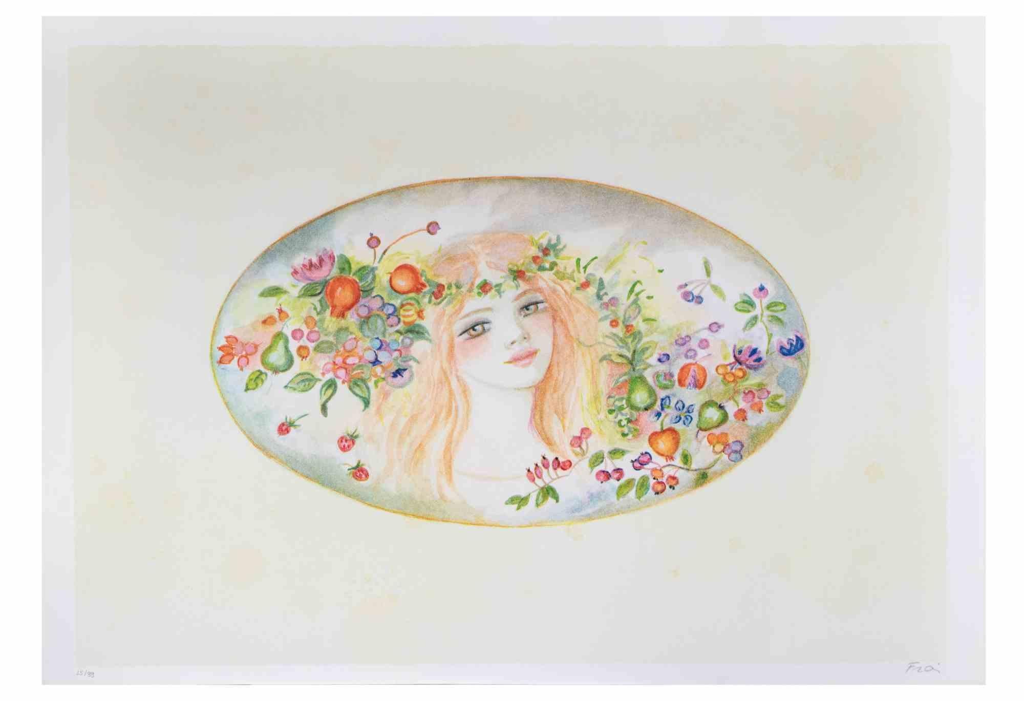Portrait with a Garland of Flowers - Lithograph by Felicita Frai - 1980s For Sale 1