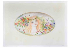 Portrait avec une guirlande de fleurs - Lithographie de Felicita Frai - Années 1980