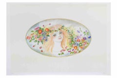 Portrait with a Garland of Flowers - Lithograph by Felicita Frai - 1980s