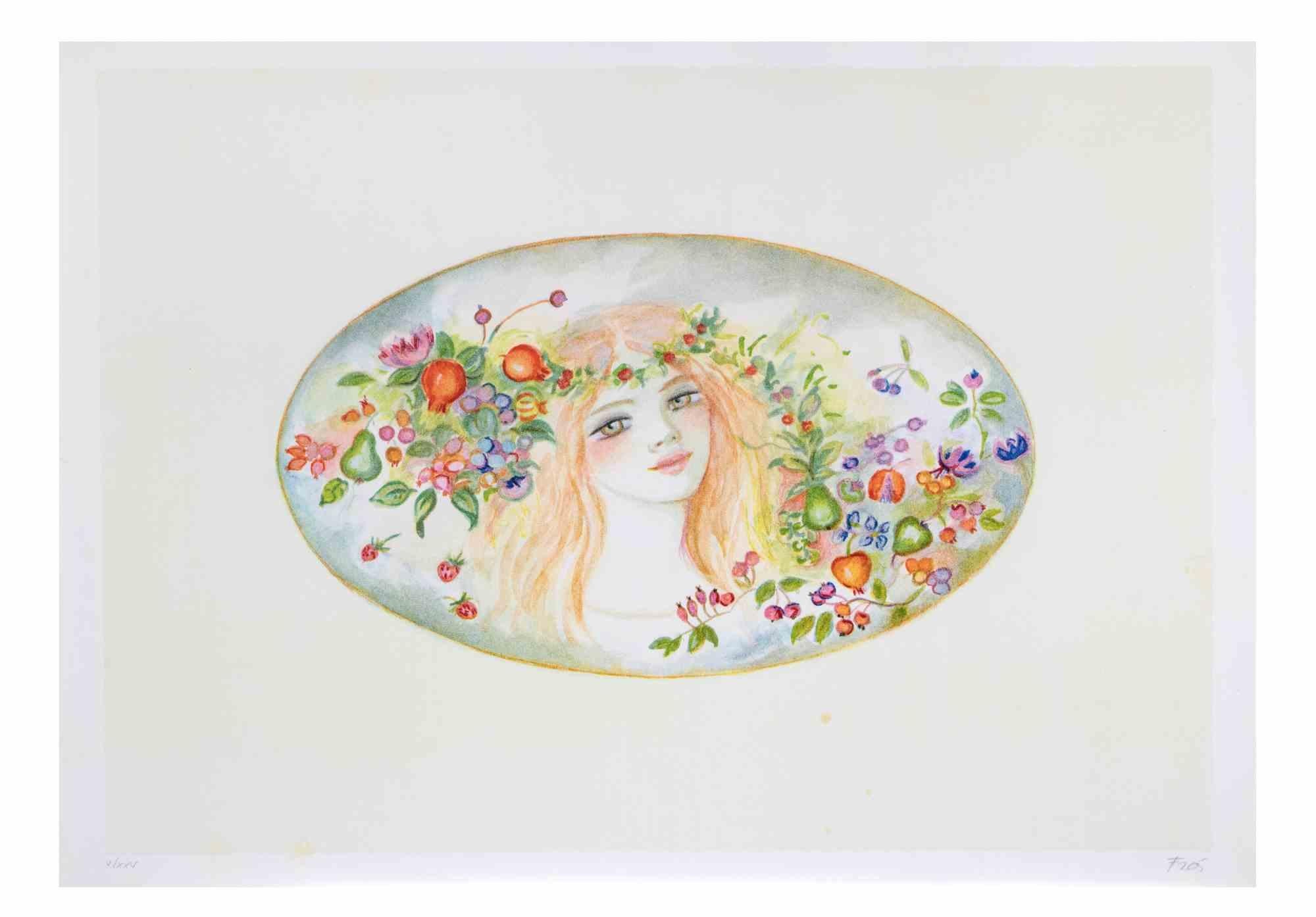 Porträt mit einer Blumengirlande - Lithographie von Felicita Frai - 1980er Jahre im Angebot 1