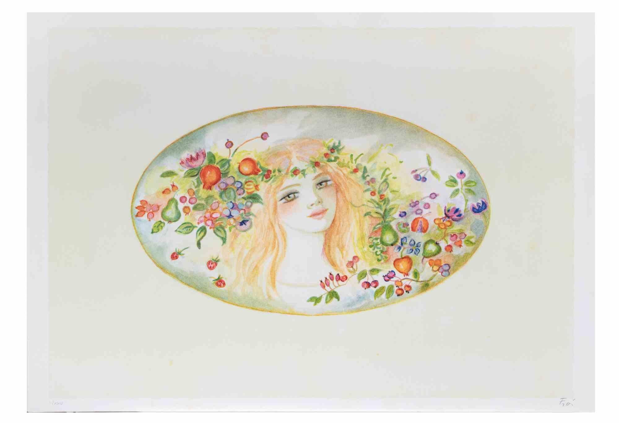 Portrait avec une guirlande de fleurs - Lithographie de Felicita Frai - Années 1980 en vente 1