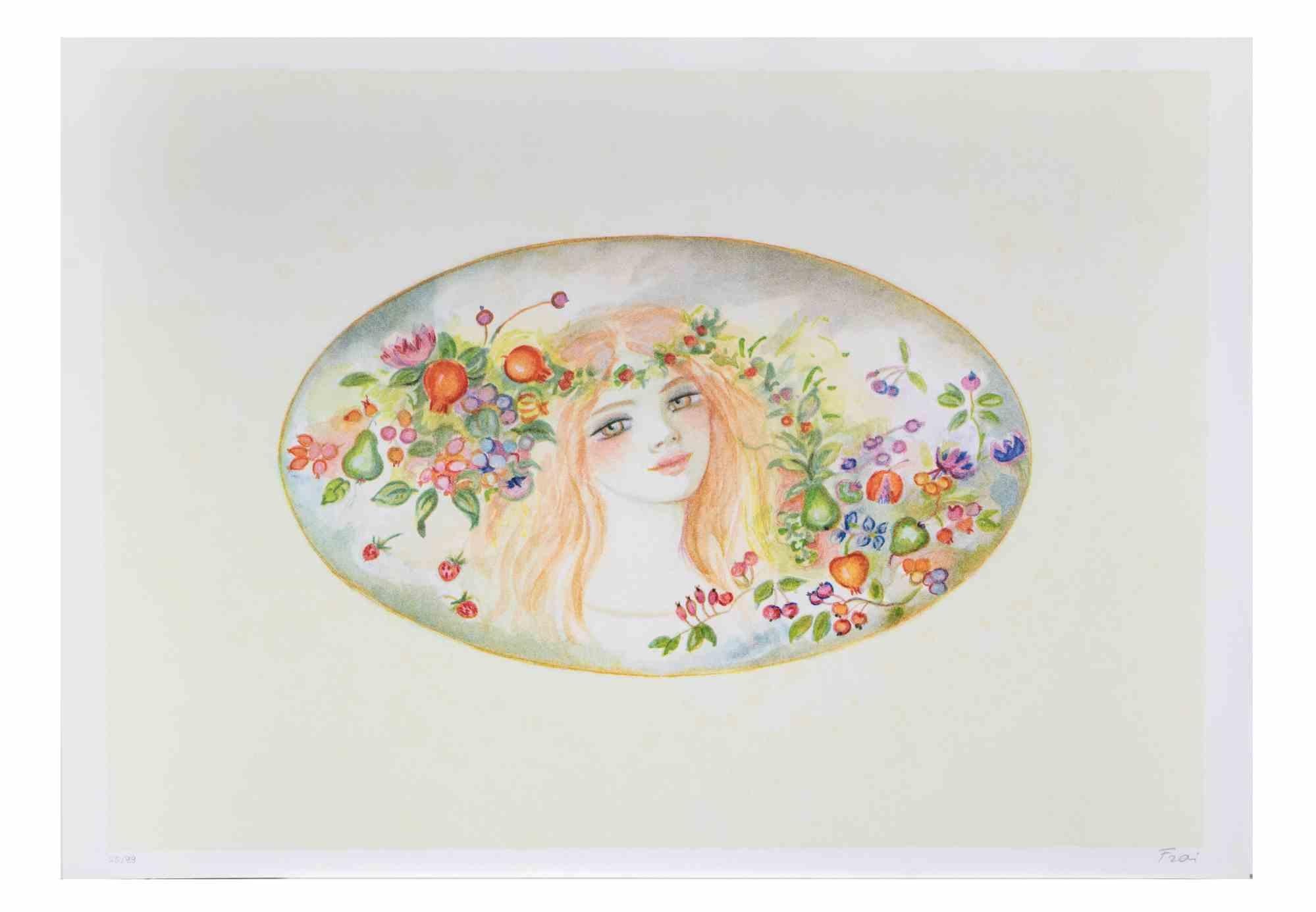 Ritratto con ghirlanda di fiori - Litografia di Felicita Frai - Anni '80 in vendita 1