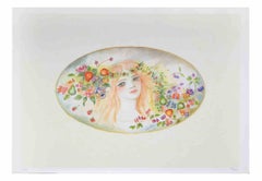 Portrait with a Garland of Flowers - Lithograph by Felicita Frai - 1980s