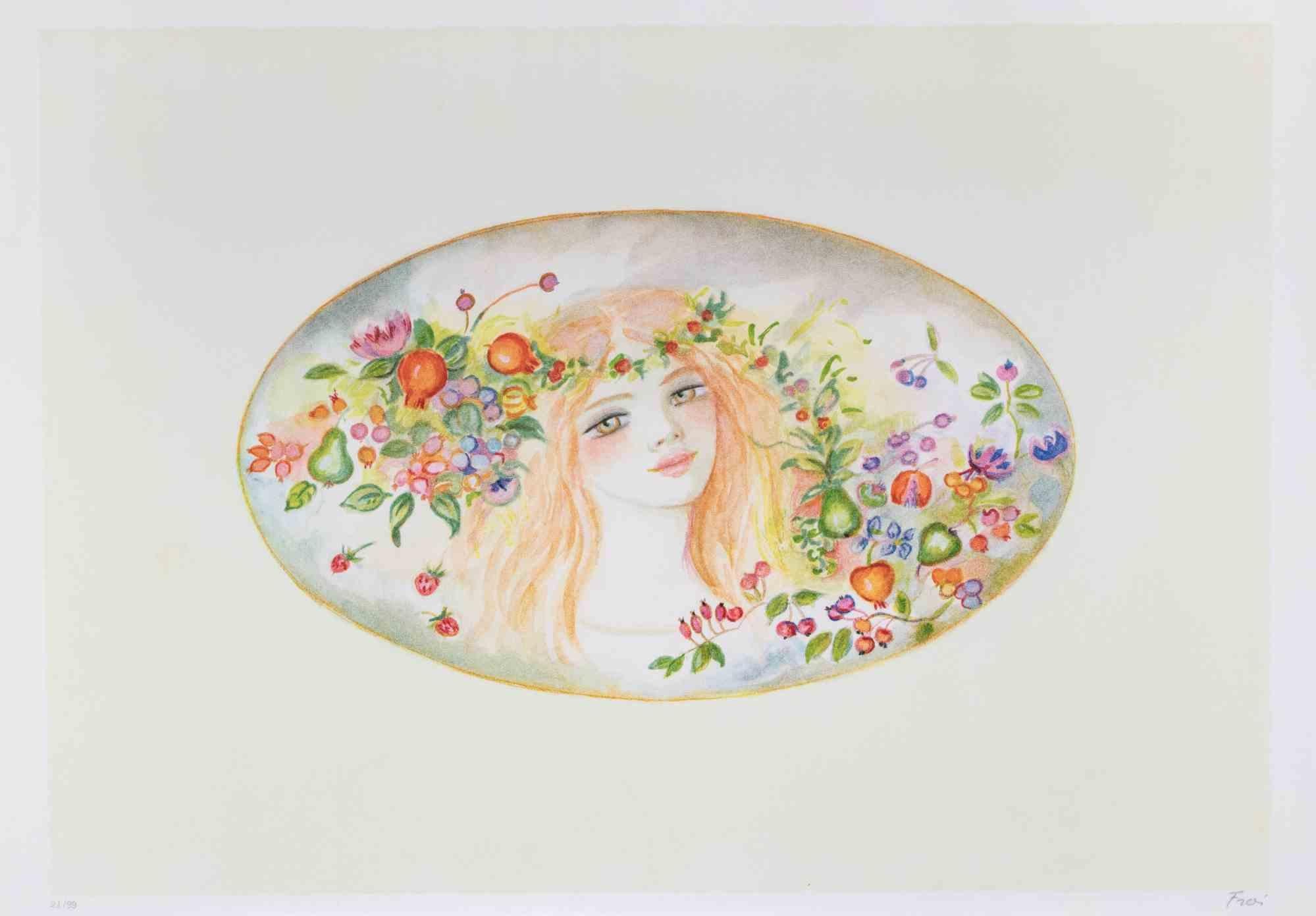 Portrait with a Garland of Flowers - Lithograph by Felicita Frai - 1980s For Sale 1