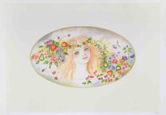 Portrait with a Garland of Flowers - Lithograph by Felicita Frai - 1980s