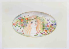 Portrait with a Garland of Flowers - Lithograph by Felicita Frai - 1980s