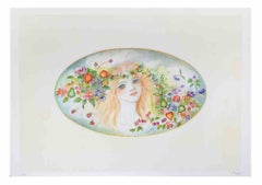 Portrait with a Garland of Flowers - Lithograph by Felicita Frai - 1980s