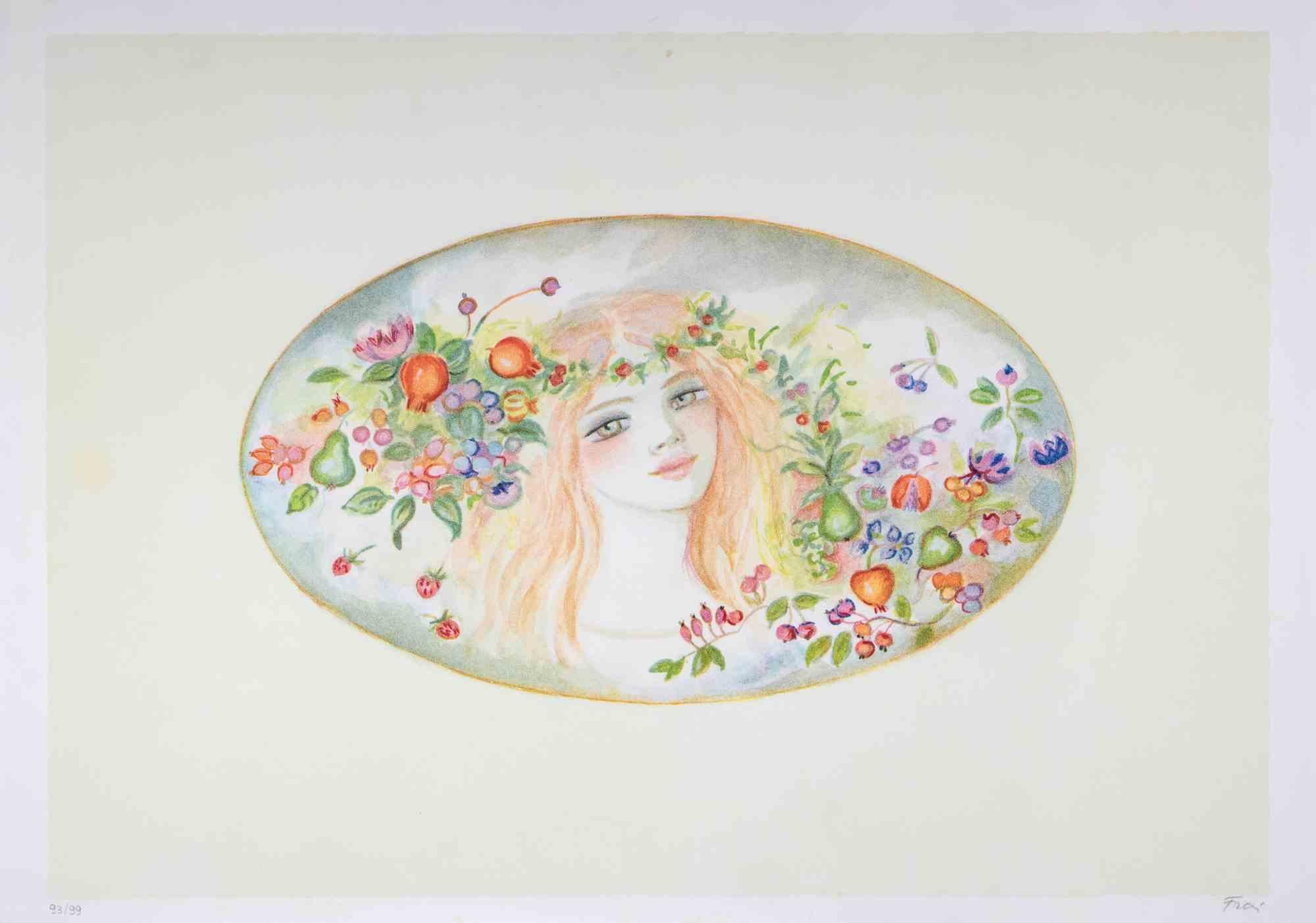 Portrait with a Garland of Flowers - Lithograph by Felicita Frai - 1980s