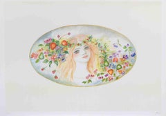Portrait with a Garland of Flowers - Lithograph by Felicita Frai - 1980s