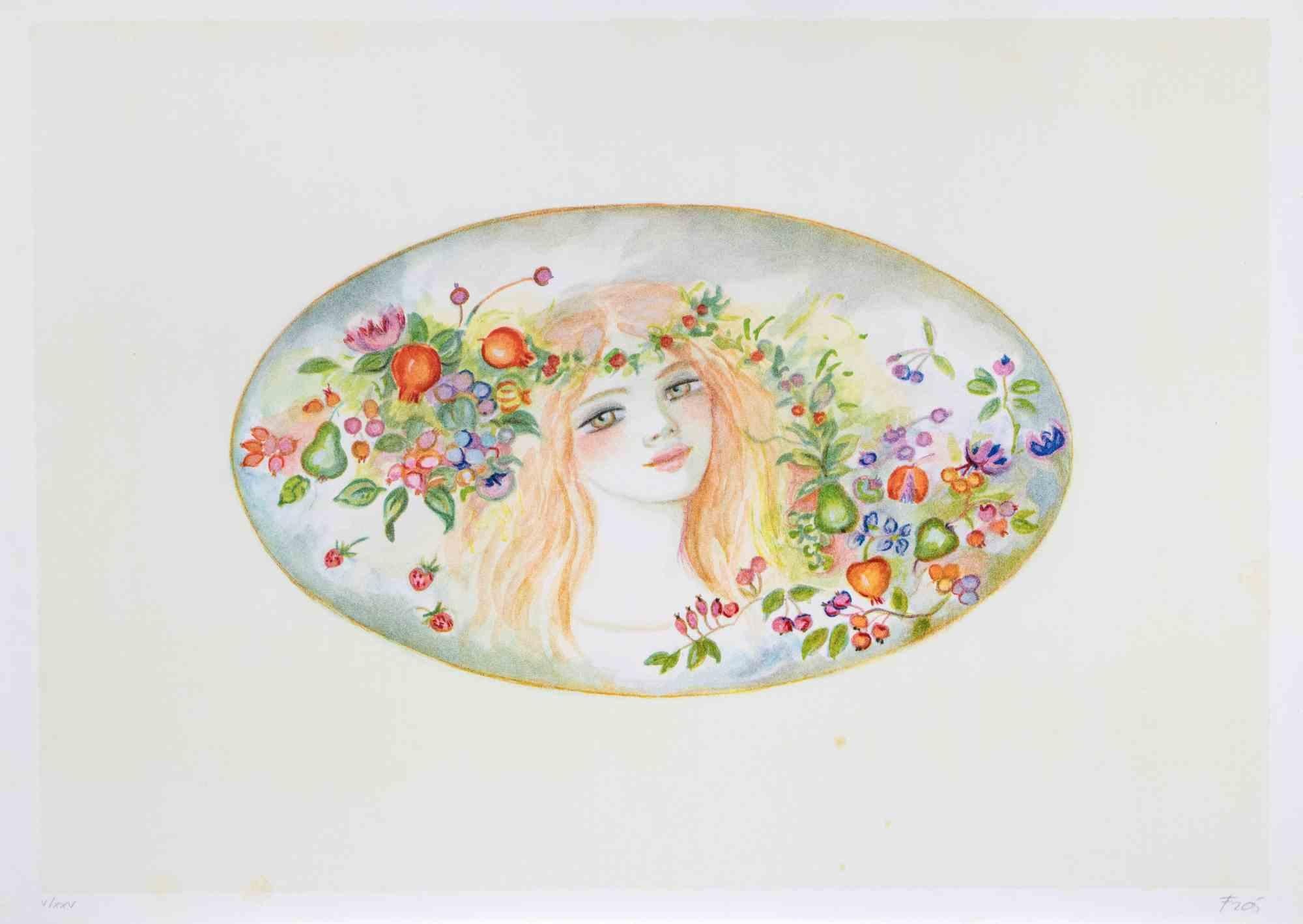 Portrait with a Garland of Flowers - Lithograph by Felicita Frai - 1980s