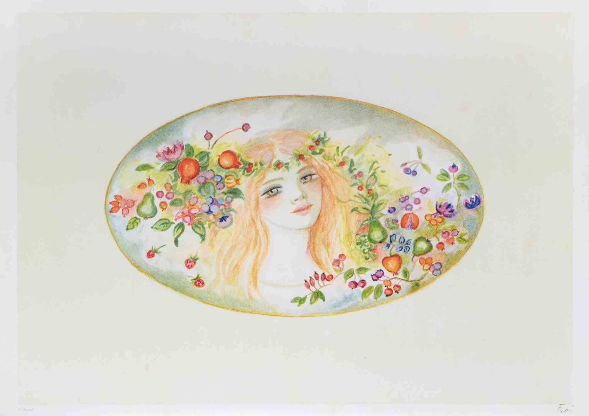 Porträt mit einer Blumengirlande - Lithographie von Felicita Frai - 1980er Jahre