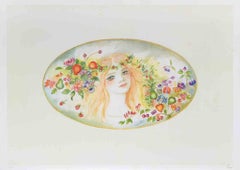 Retrato con guirnalda de flores - Litografía de Felicita Frai - Años 80