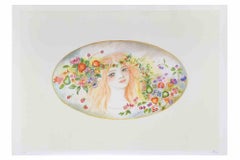 Ritratto con ghirlanda di fiori - Litografia di Felicita Frai - Anni '80