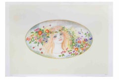 Portrait with a Garland of Flowers - Lithograph by Felicita Frai - 1980s