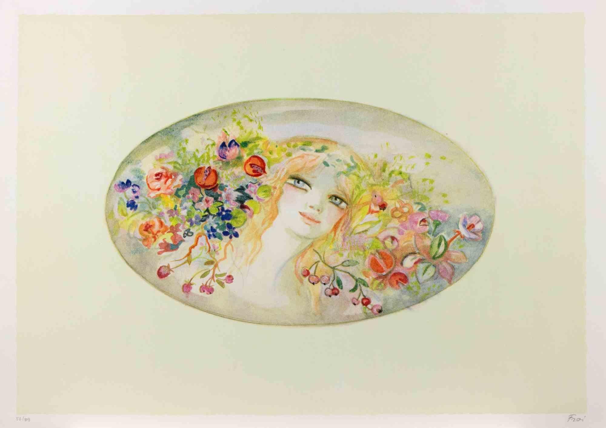 Portrait with a Garland of Flowers - Lithograph by Felicita Frai - 1980s