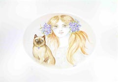 Portrait with Cat - Lithograph by Felicita Frai - 1980s