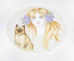 Portrait with Cat - Lithograph by Felicita Frai - 1980s