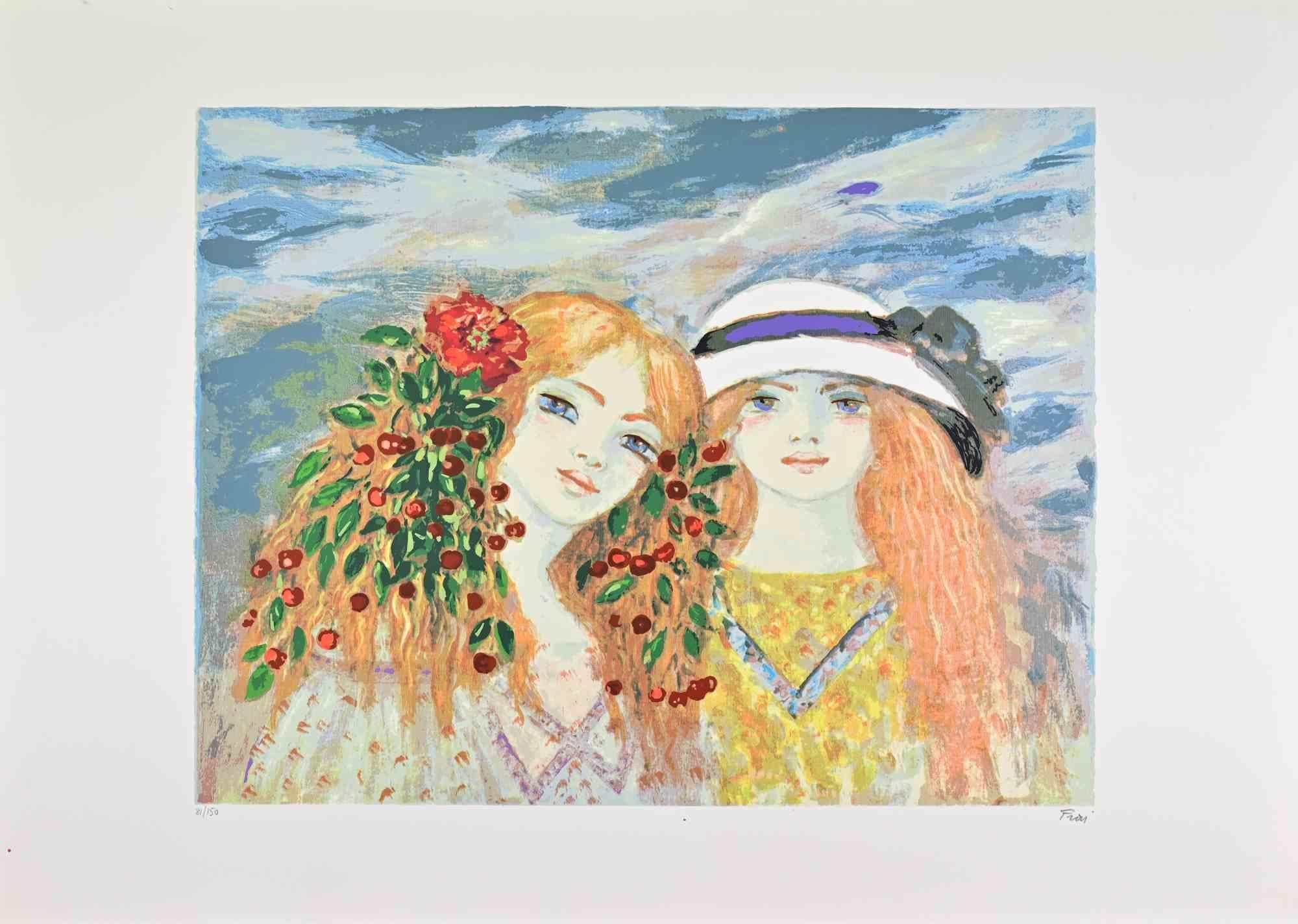 Deux filles - Lithographie de Felicita Frai - Années 1980