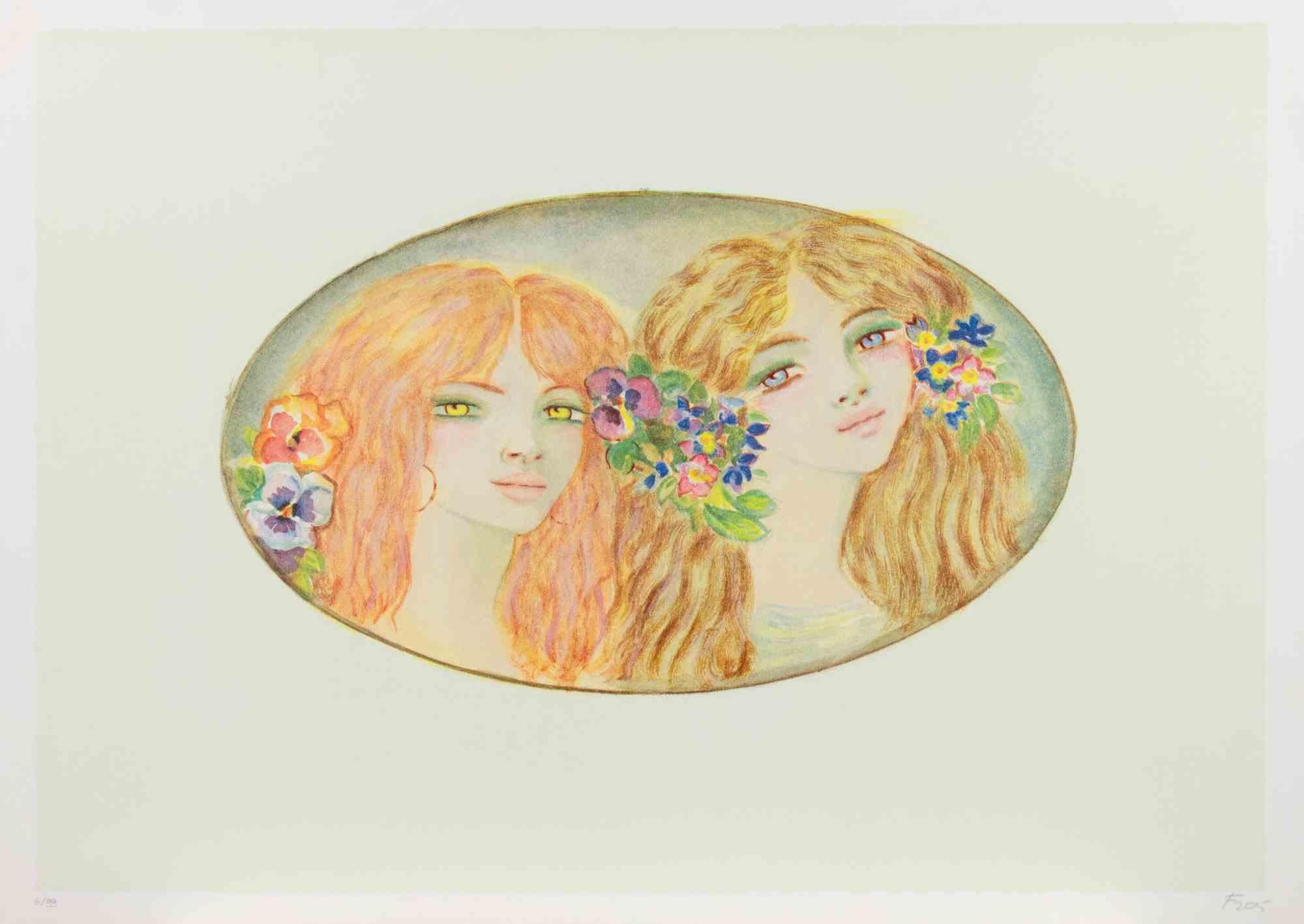 Due ragazze - Litografia di Felicita Frai - Anni '80