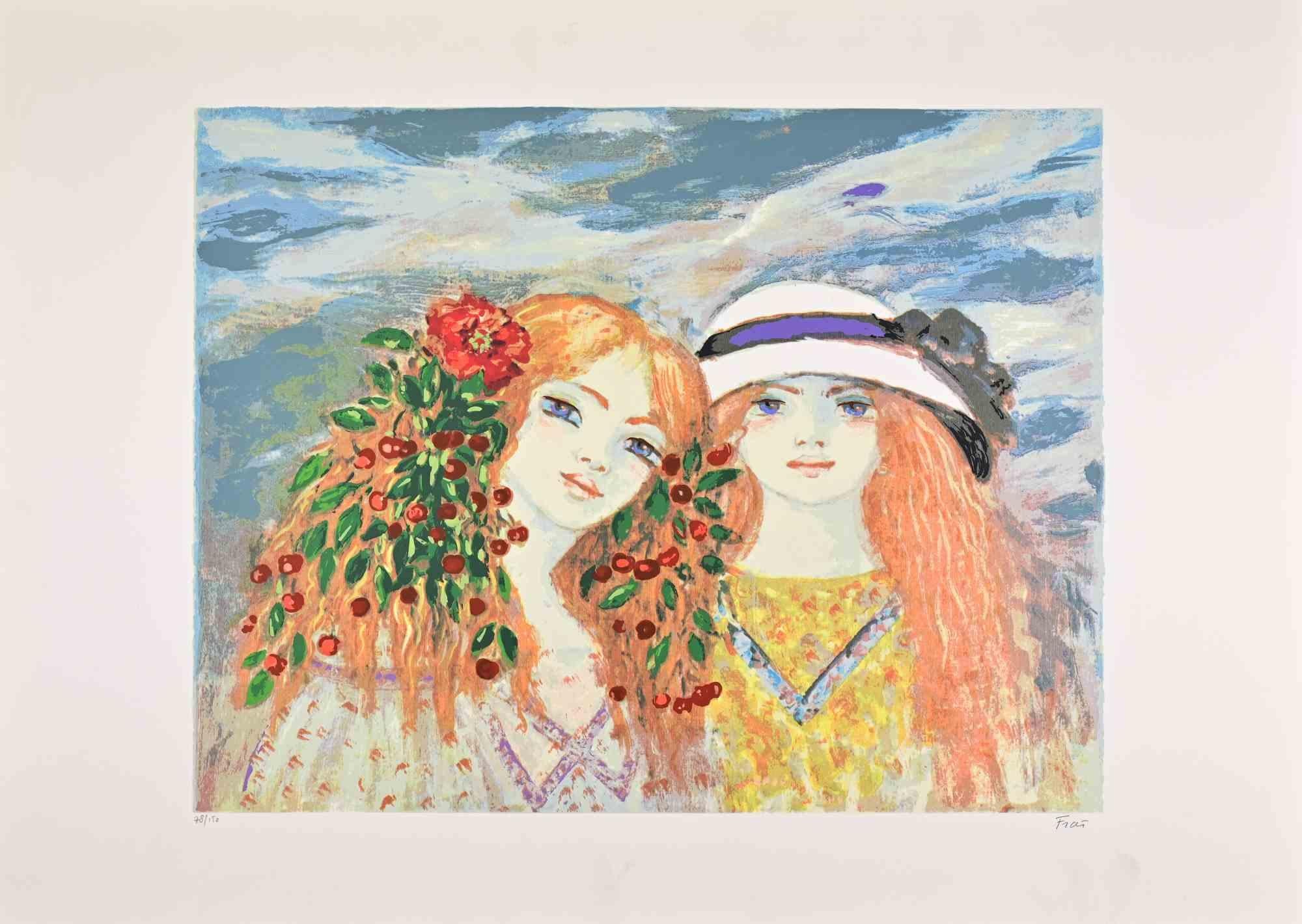 Deux filles - Lithographie de Felicita Frai - Années 1980