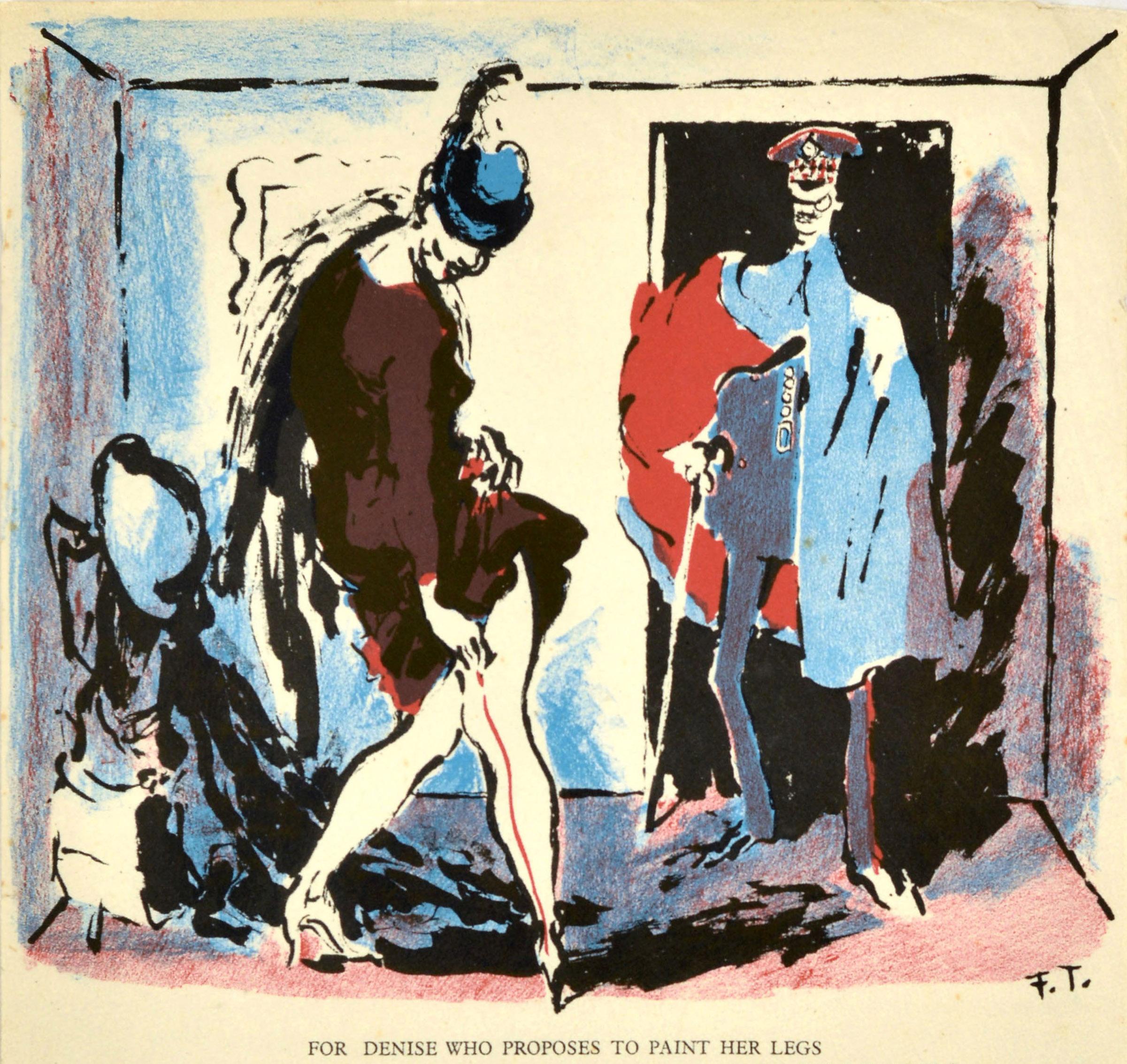 Original Vintage War Poster For Denise Who Proposes To Paint Her Legs Poem WWII - Print by Feliks Topolski