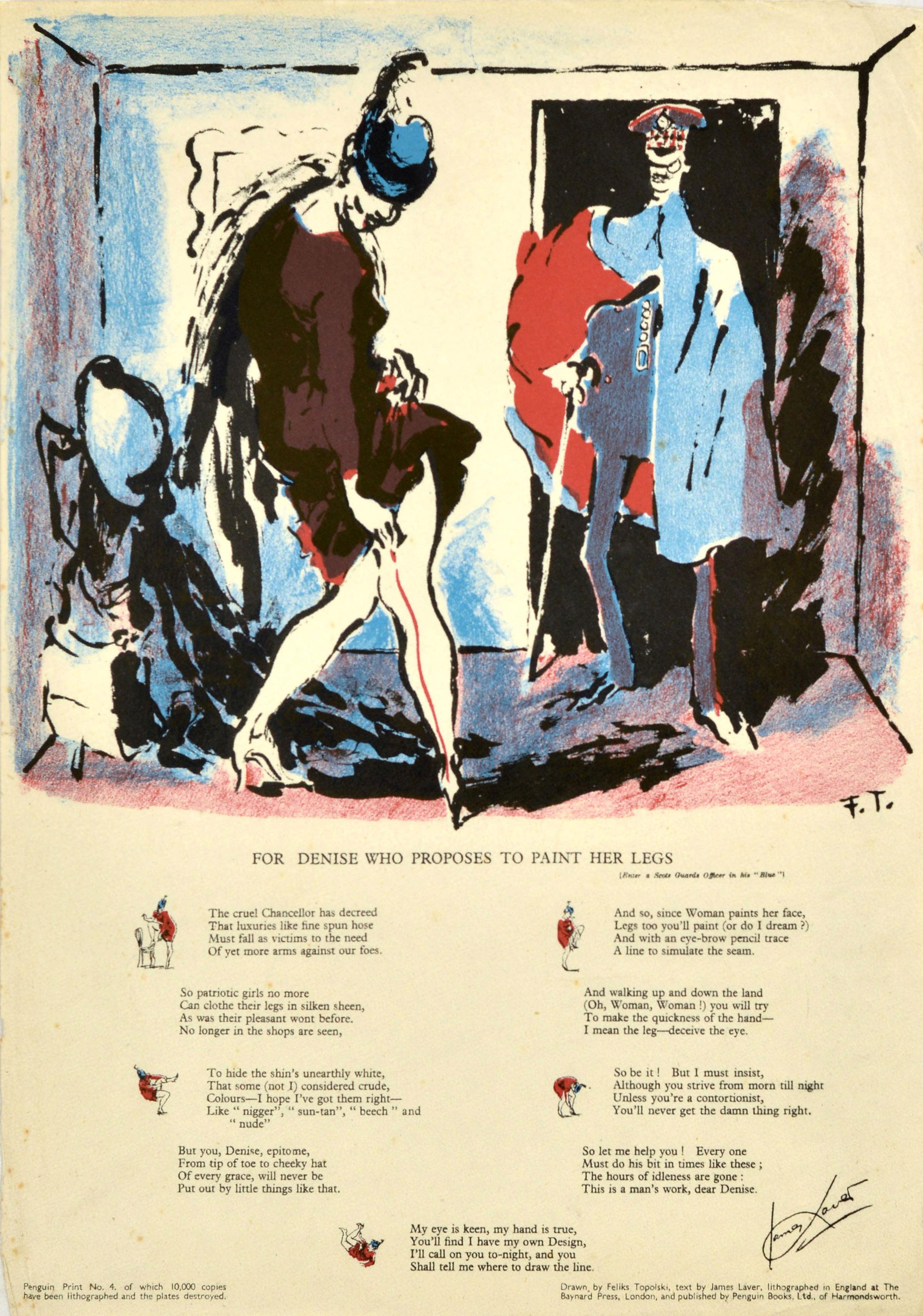 Feliks Topolski Print - Original Vintage War Poster For Denise Who Proposes To Paint Her Legs Poem WWII