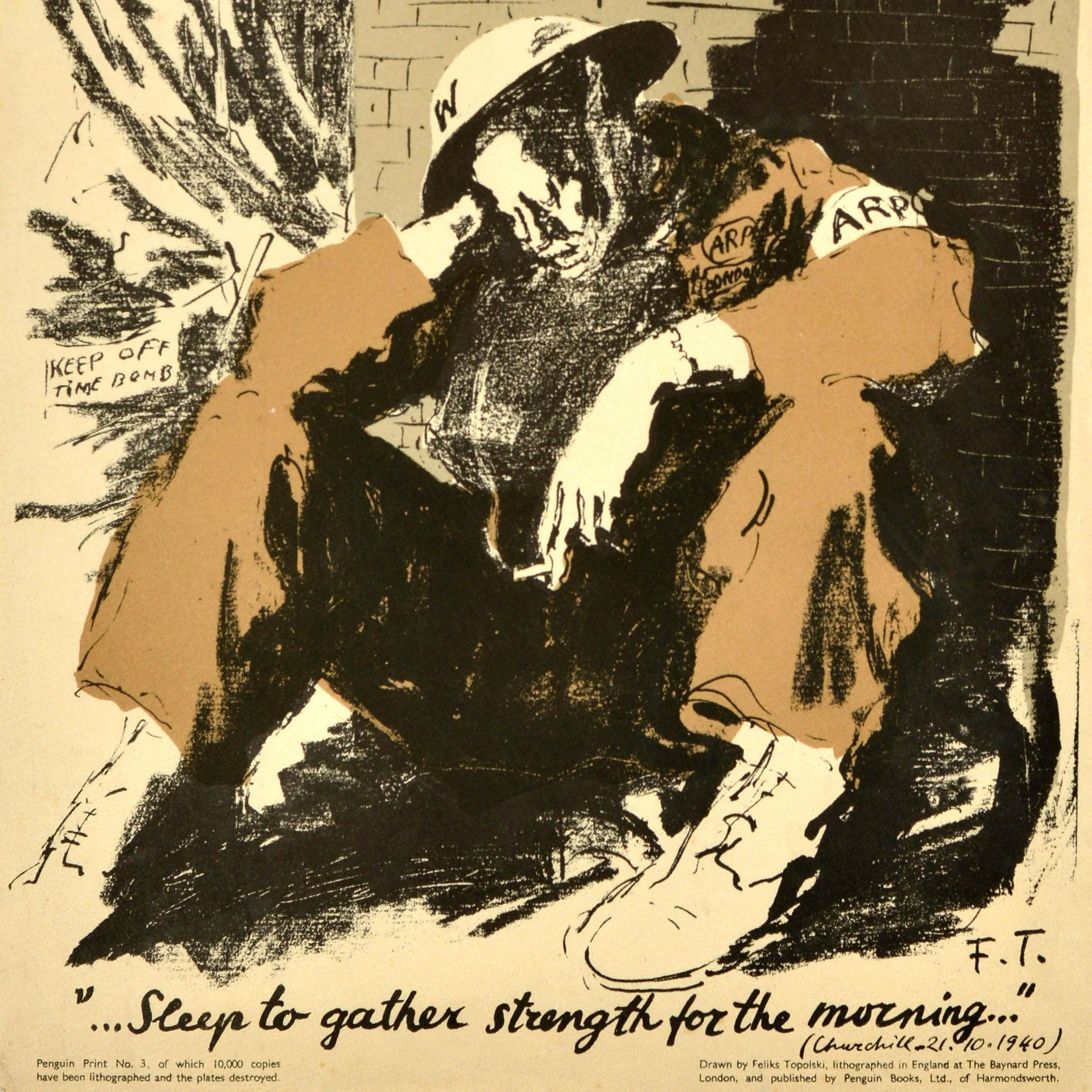 Original Vintage World War Two Poster Sleep To Gather Strength WWII Churchill - Beige Print by Feliks Topolski