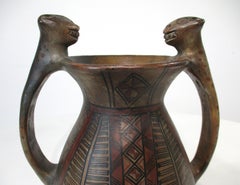 Feline Handled Pre Colombian Styled Painted Pottery Vase