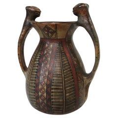 Feline Handled Pre Colombian Styled Painted Pottery Vase