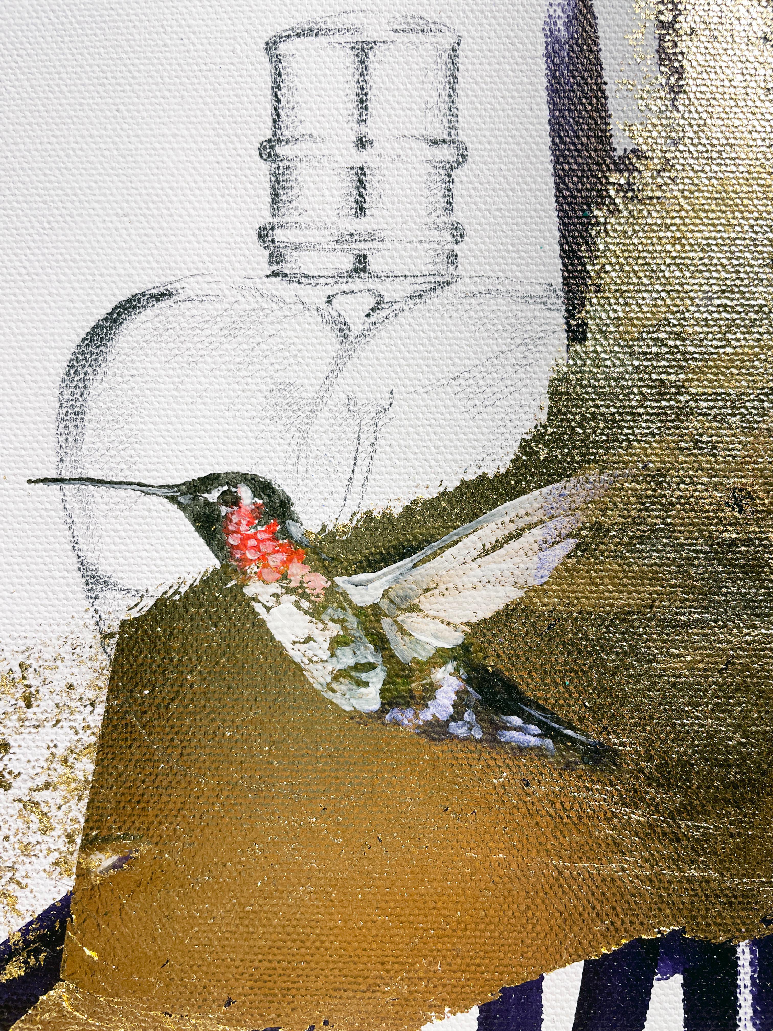 The Gift - Still Life with Ruby Throated Hummingbird and Perfume Bottle, Gold - Painting by Felipe Alfaro