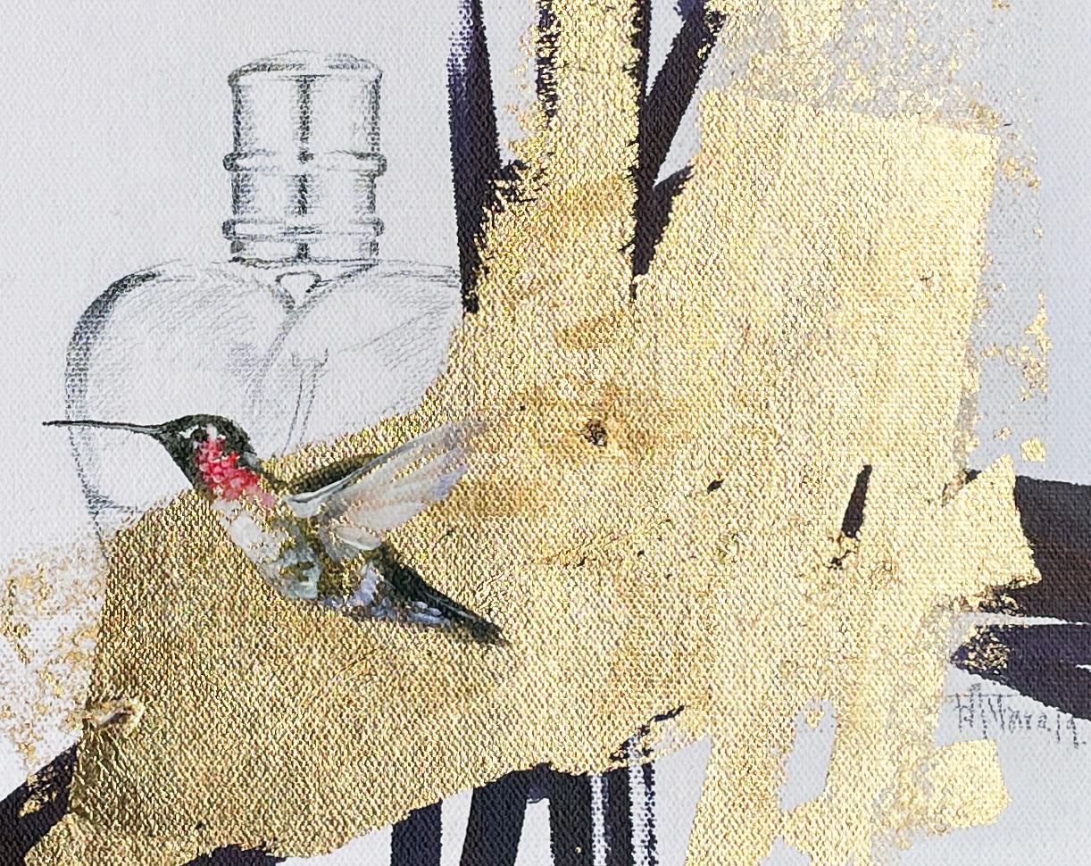The Gift - Still Life with Ruby Throated Hummingbird and Perfume Bottle, Gold - Contemporary Painting by Felipe Alfaro