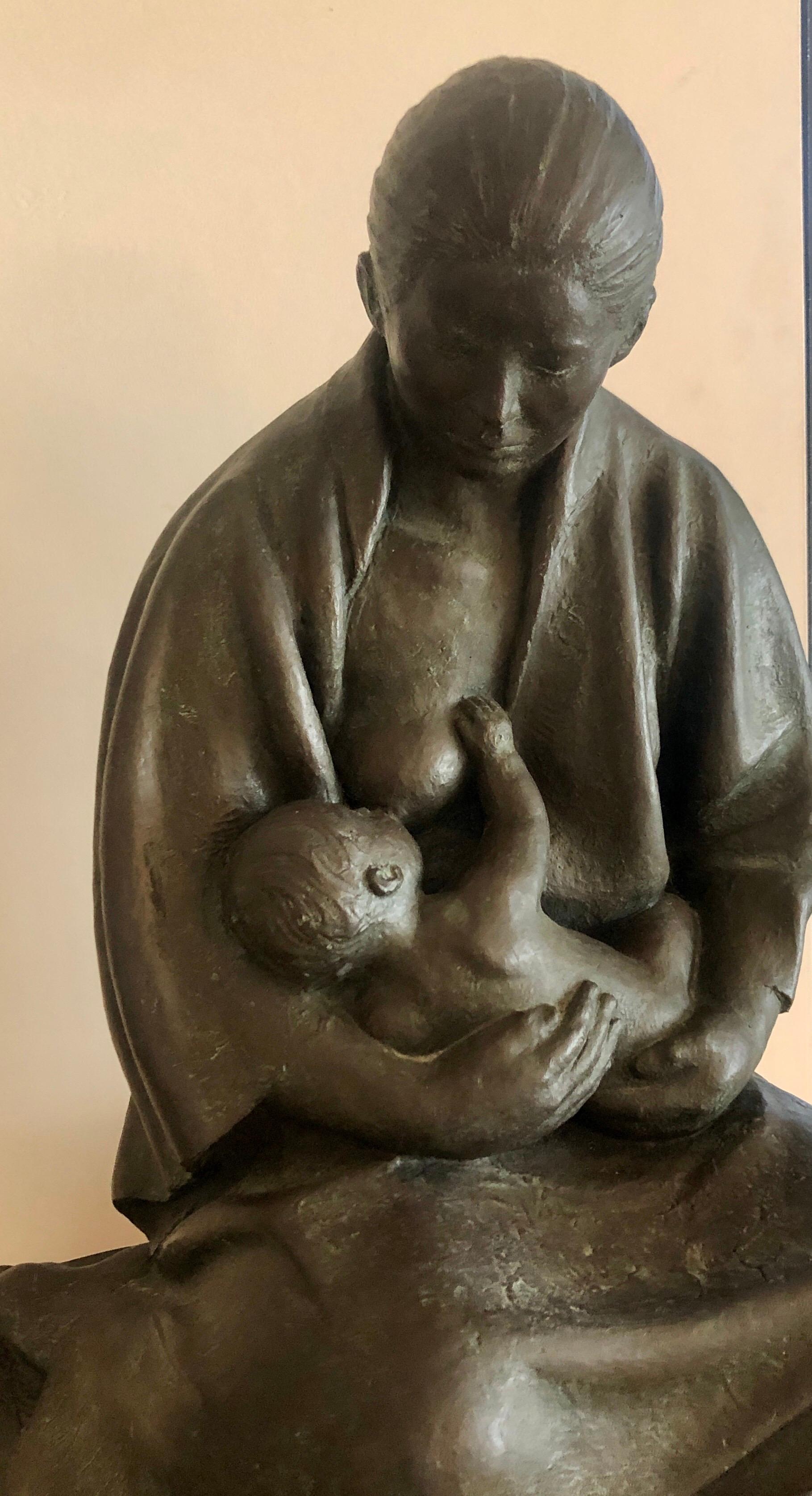 Gran Escultura Mexicana Latinoamericana Maestro de Bronce Madre con Niño SIgned en venta 2