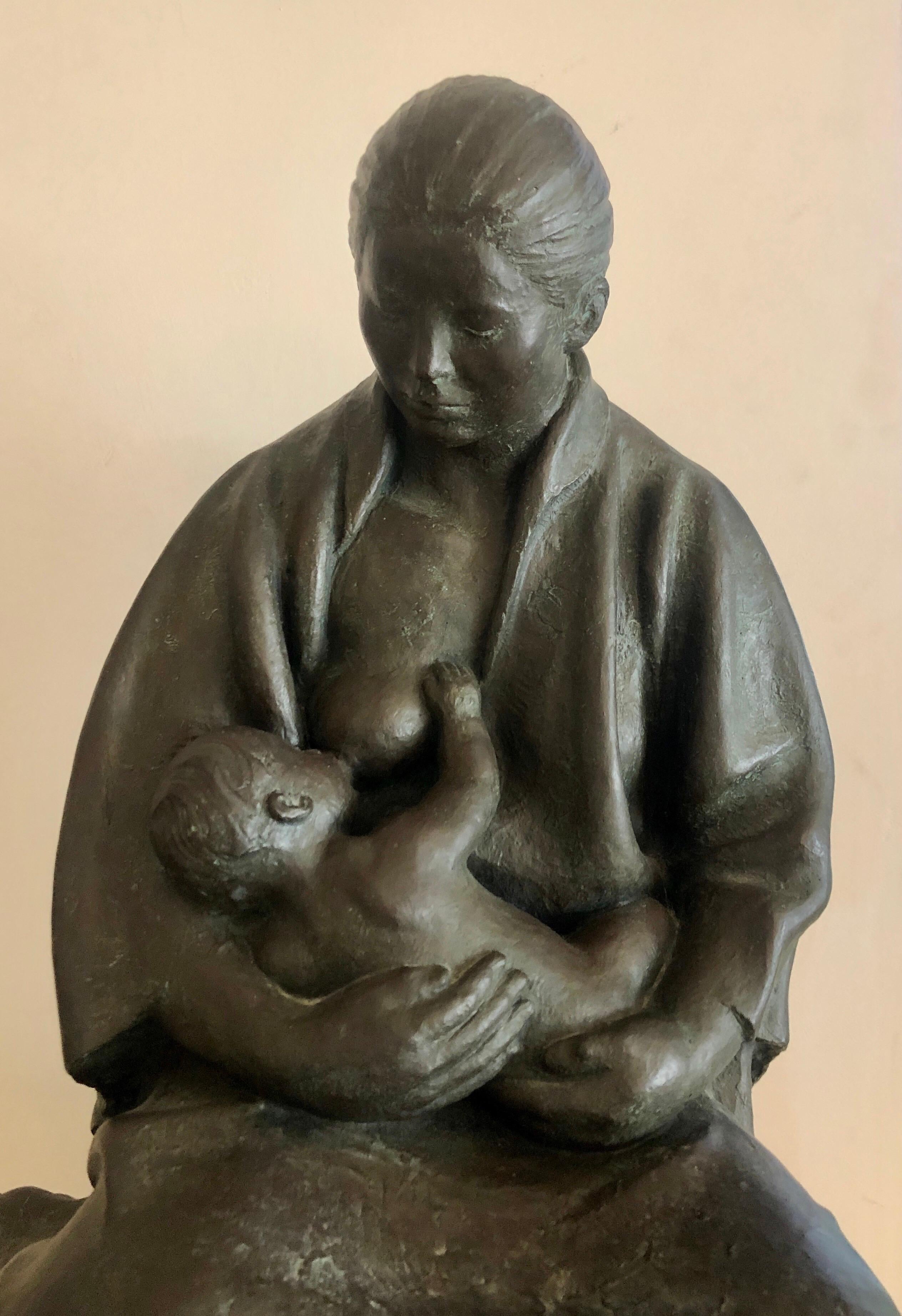 Large Latin American Mexican Master Bronze Sculpture Mother with Child SIgned For Sale 1