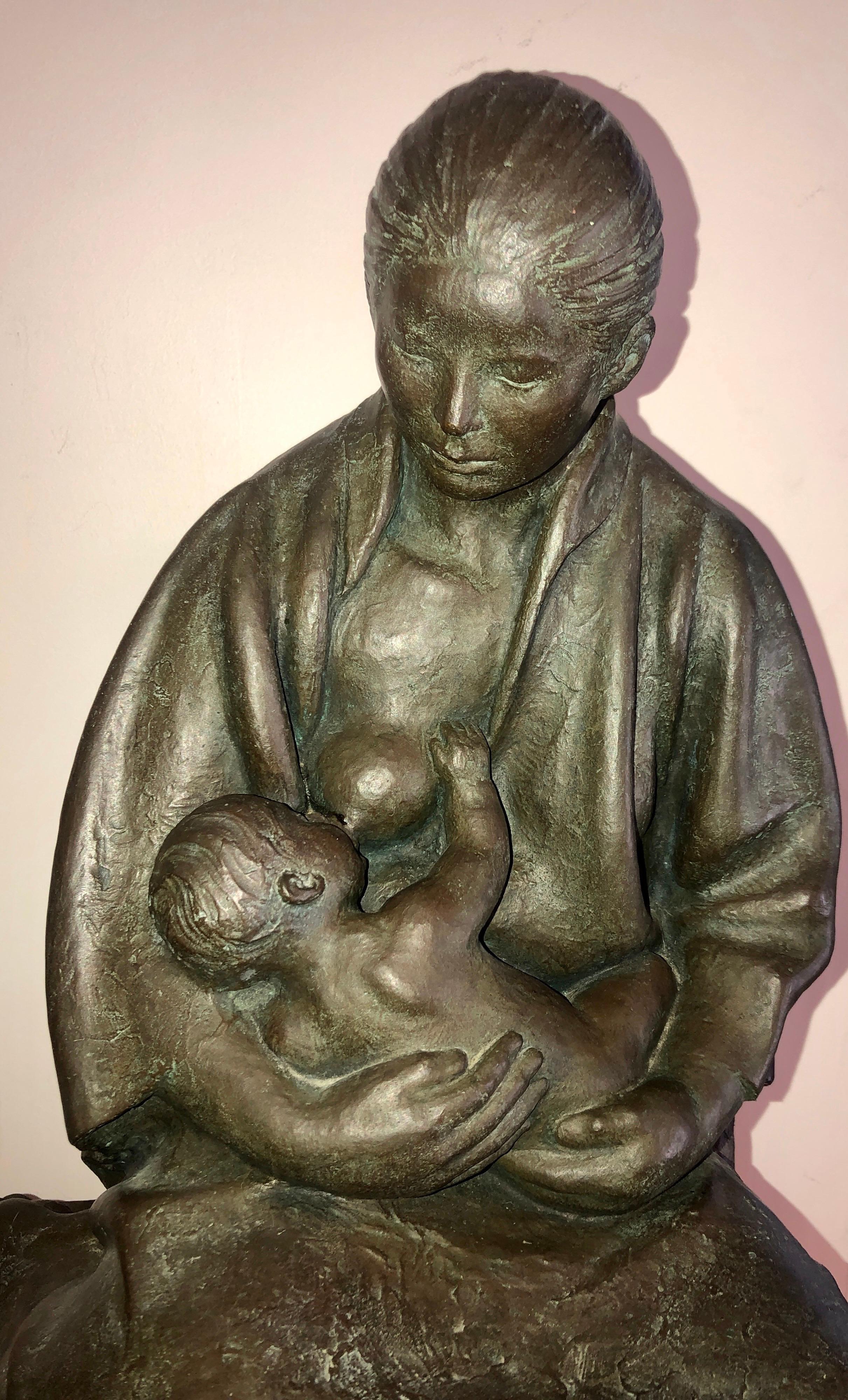 Large Latin American Mexican Master Bronze Sculpture Mother with Child SIgned For Sale 2