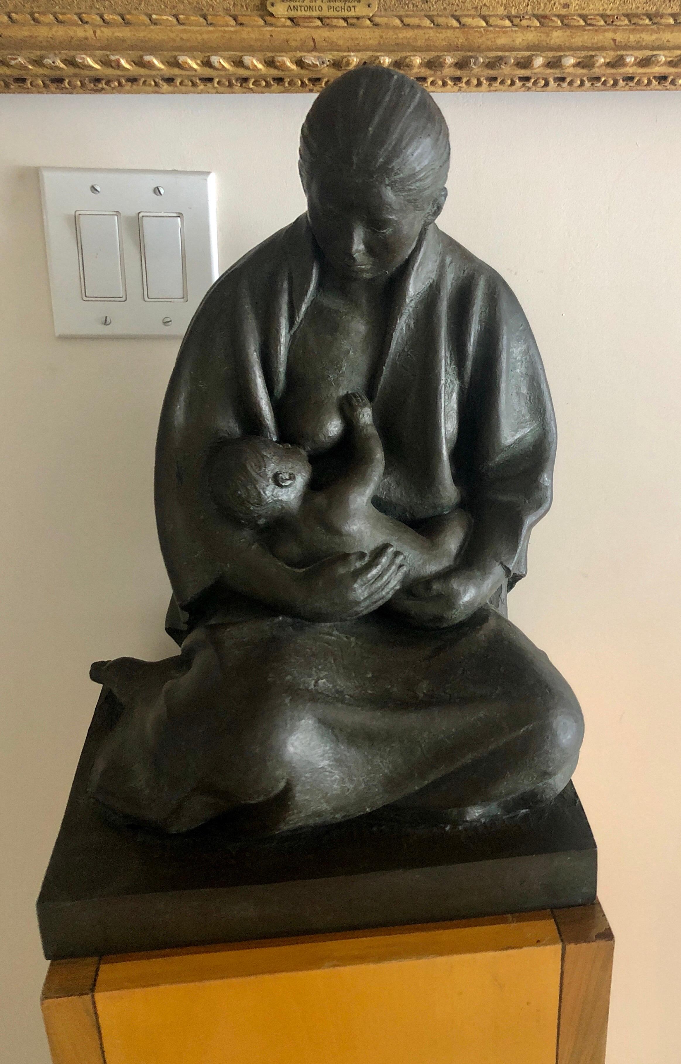 Gran Escultura Mexicana Latinoamericana Maestro de Bronce Madre con Niño SIgned en venta 5