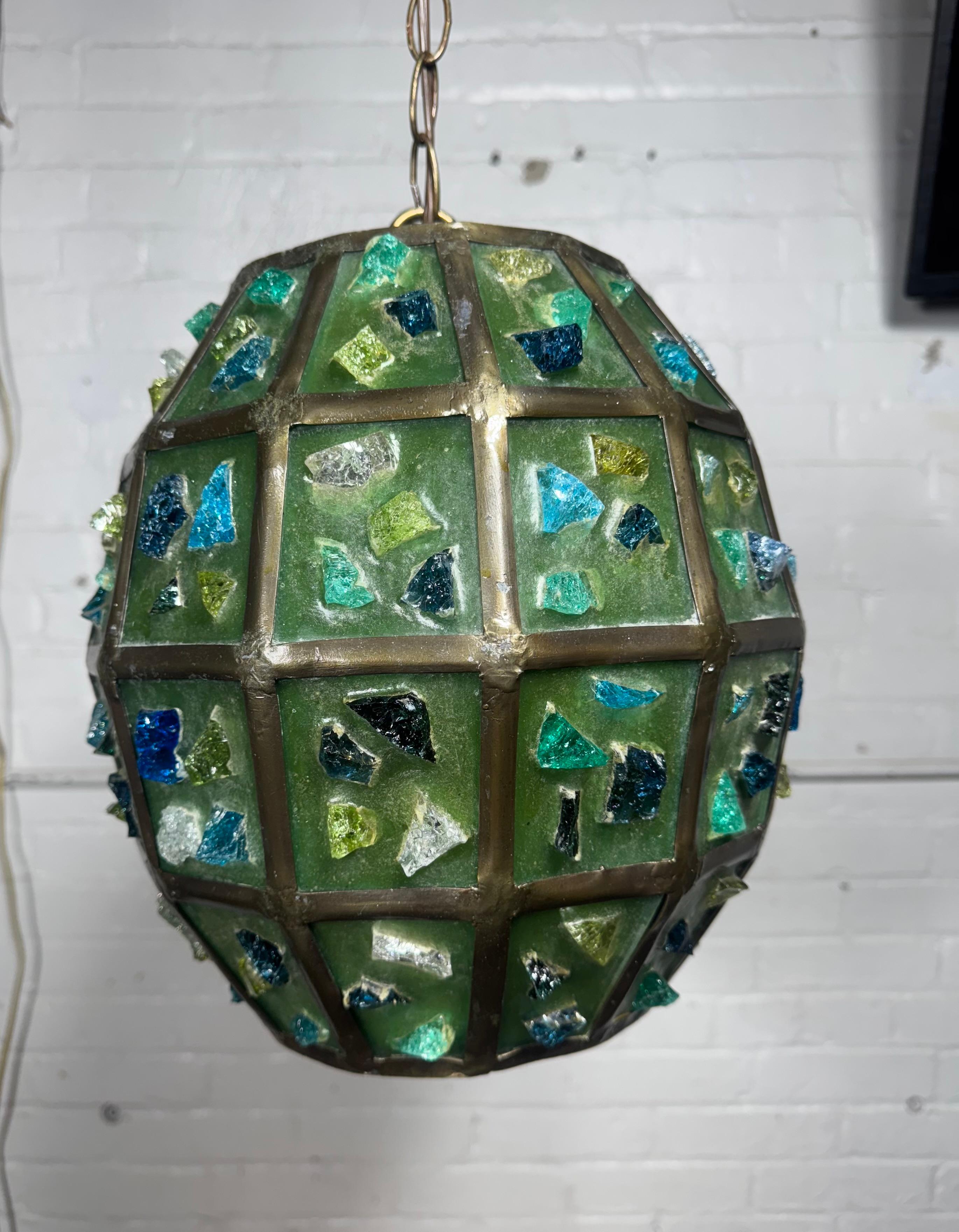 Bronze Felipe Delfinger attr. Modernist Brutalist Chunk Glass Hanging Pendant Lamps en vente