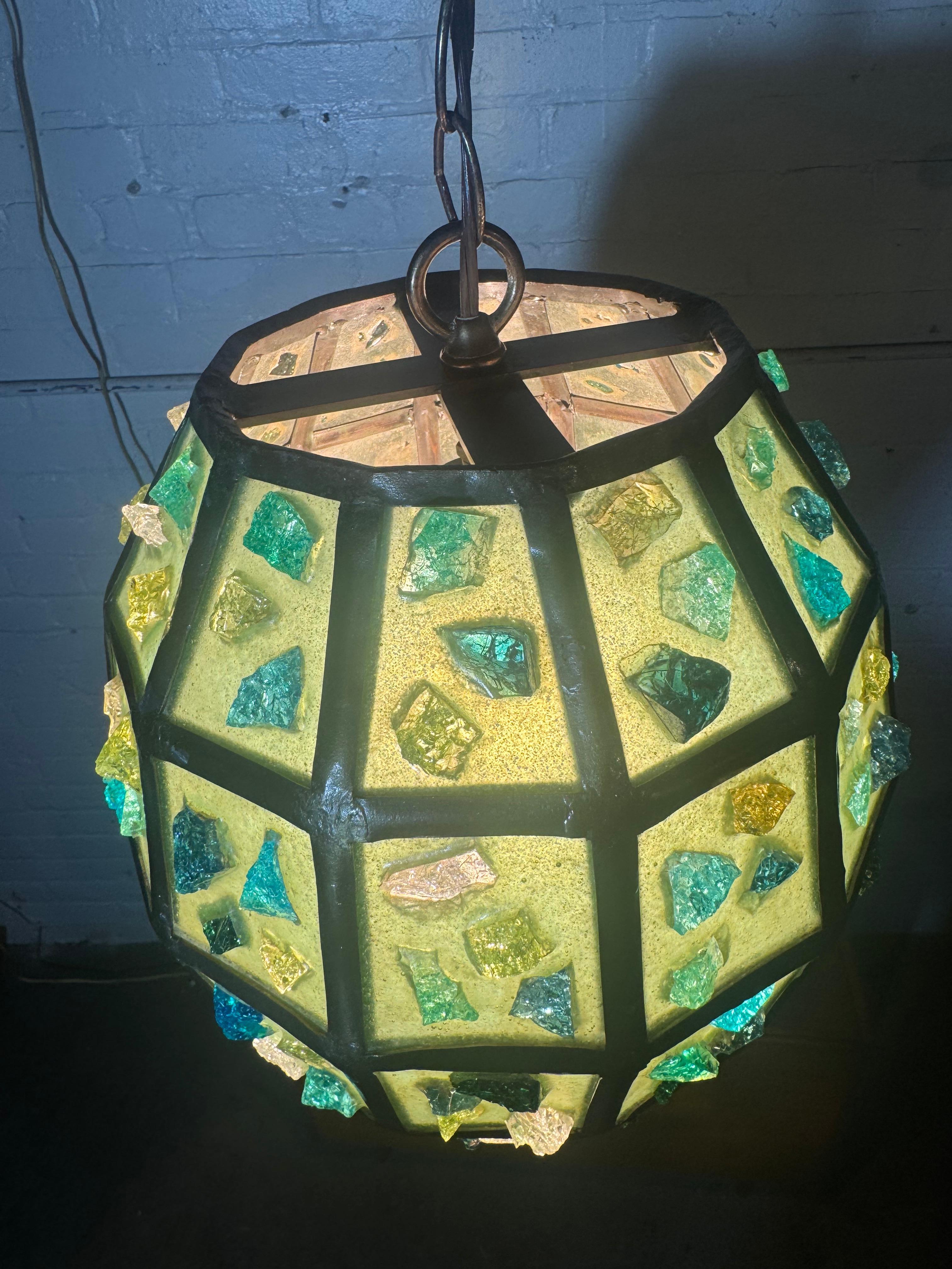 Felipe Delfinger attr. Modernist Brutalist Chunk Glass Hanging Pendant Lamps en vente 3