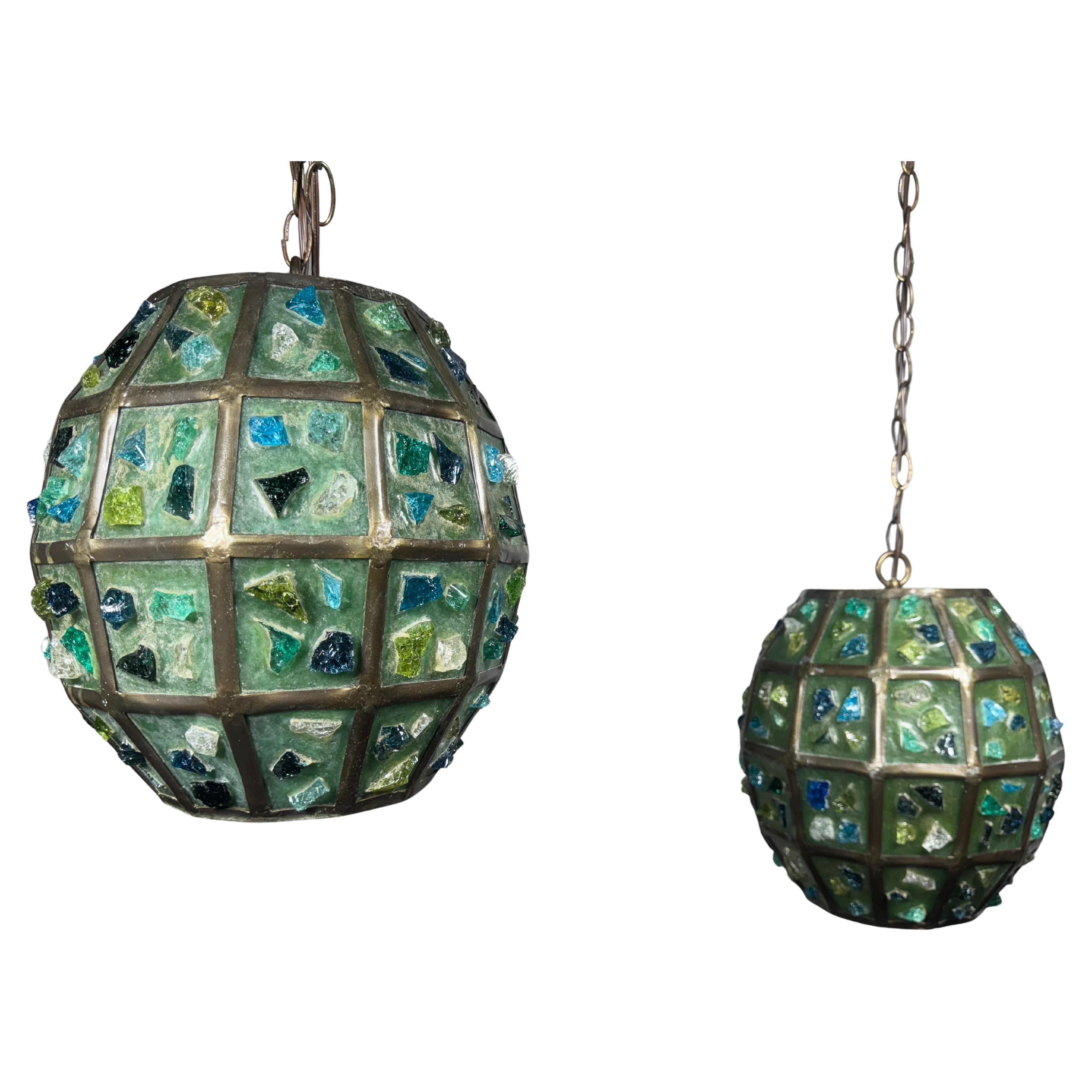 Felipe Delfinger attr. Modernist Brutalist Chunk Glass Hanging Pendant Lamps en vente