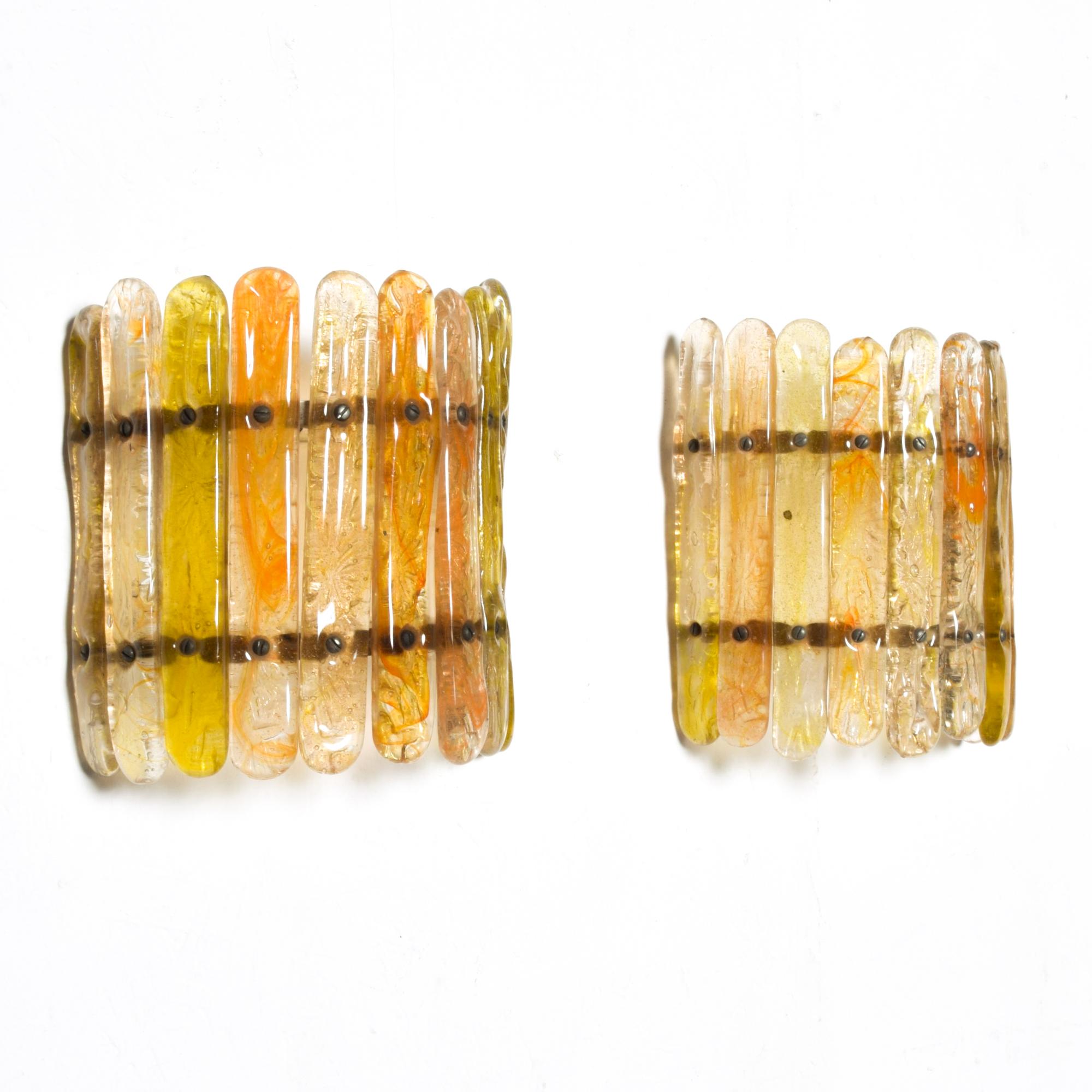 Mexican Felipe Delfinger Feders Baguette Art Glass Glistening Wall Sconces Mexico, 1970s