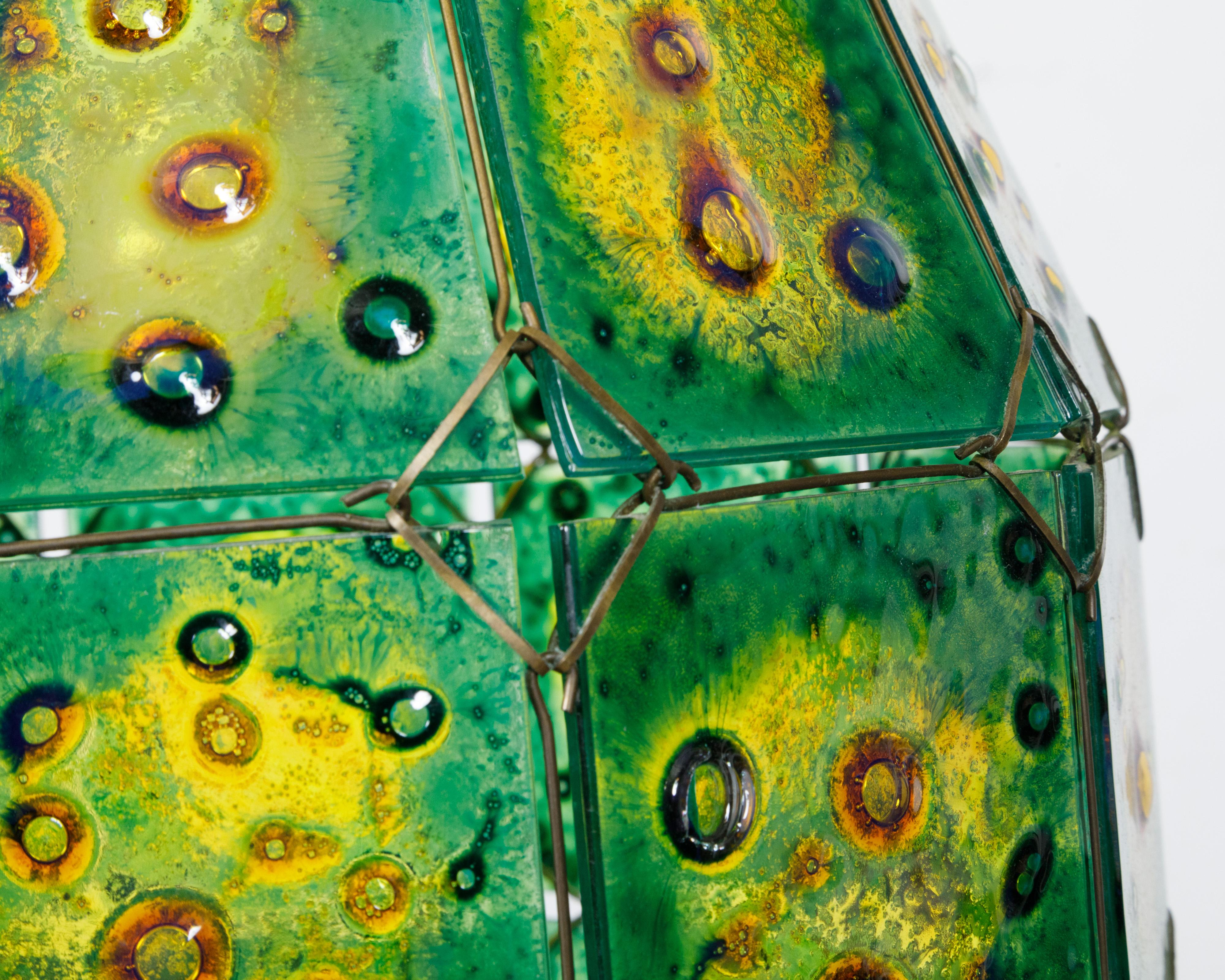 Mid-Century Modern Felipe Derflingher Art Glass Pendant Light Fixture with Green and Yellow Tones For Sale