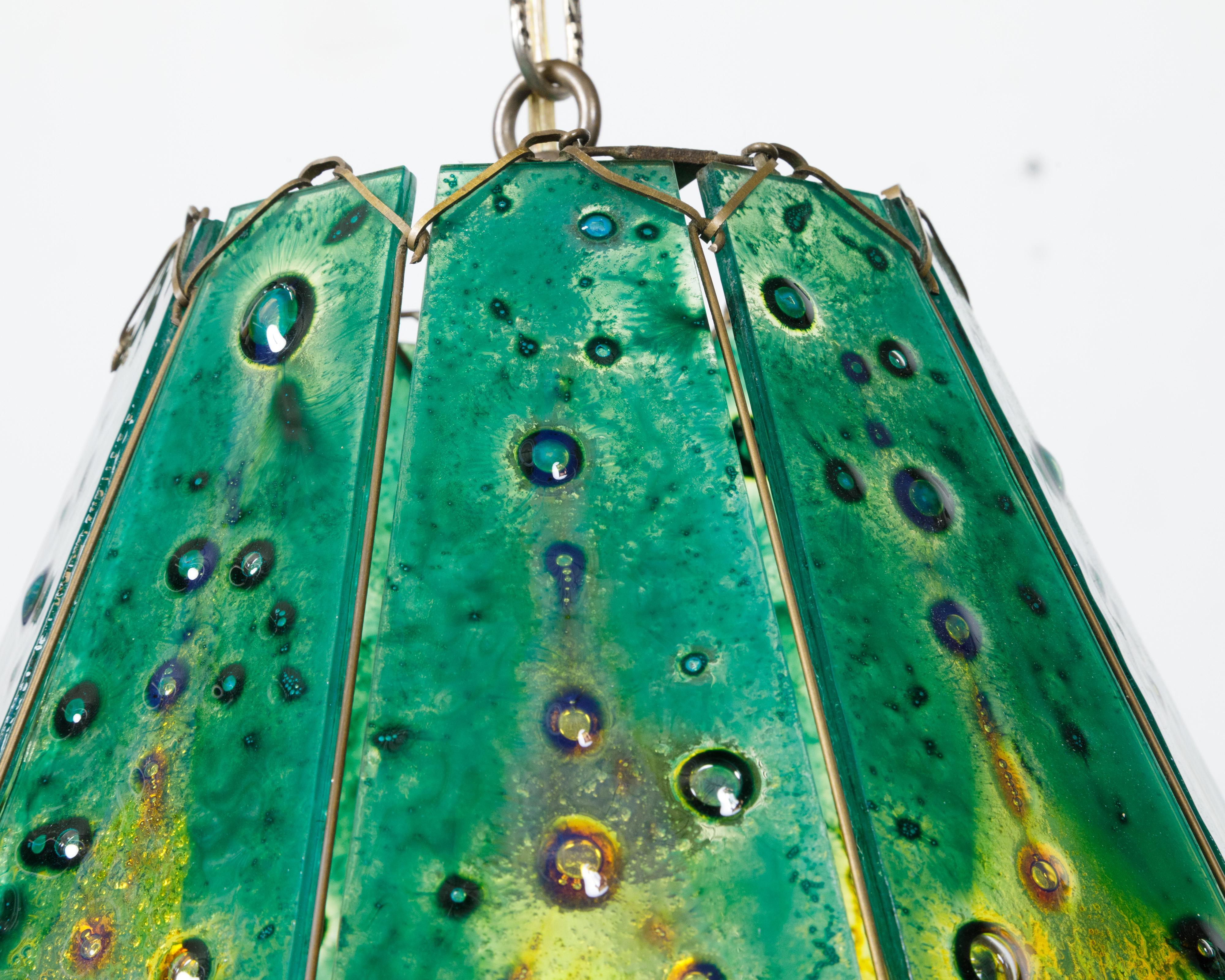 Mid-Century Modern Felipe Derflingher Art Glass Pendant Light Fixture with Green and Yellow Tones For Sale