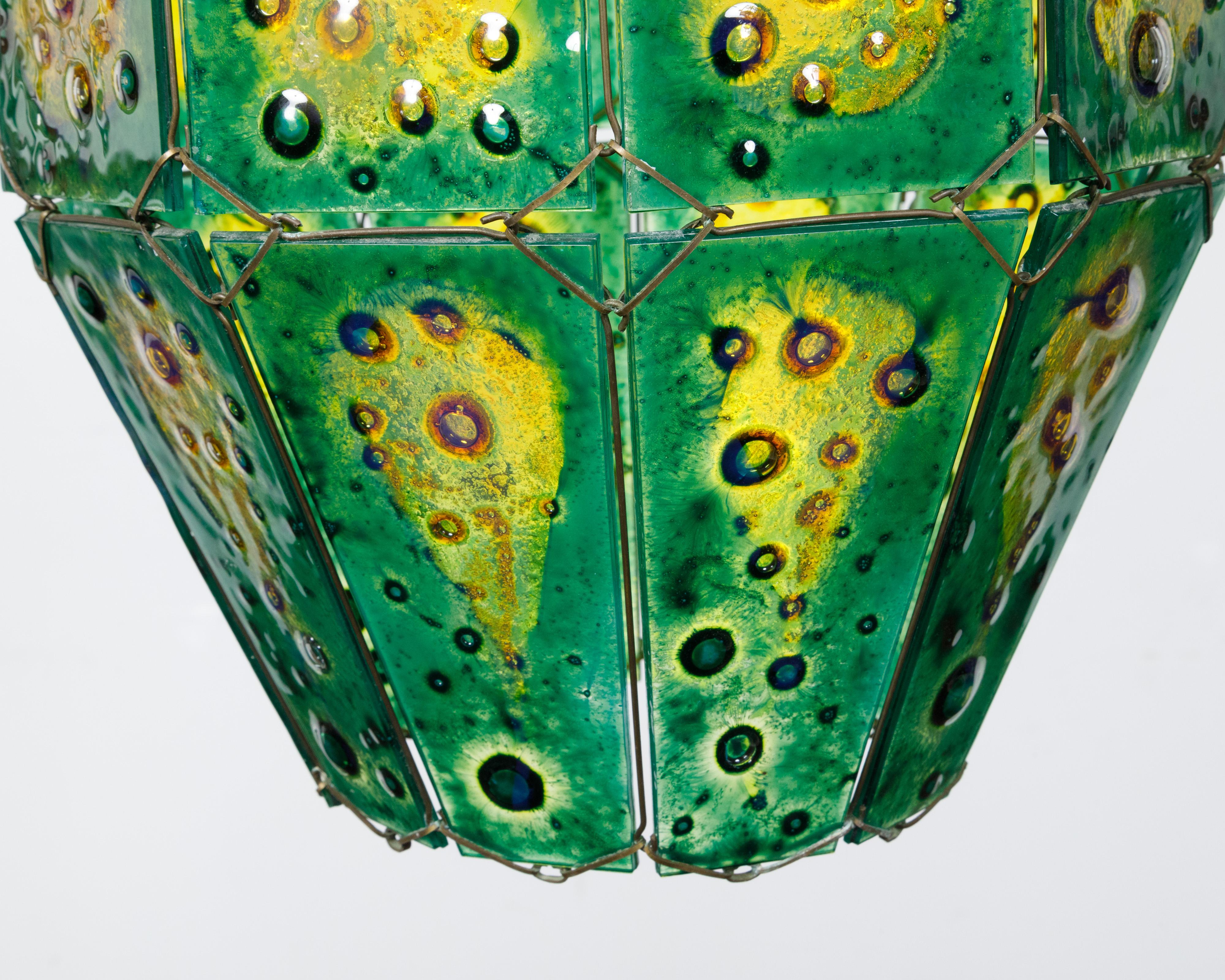 20th Century Felipe Derflingher Art Glass Pendant Light Fixture with Green and Yellow Tones For Sale