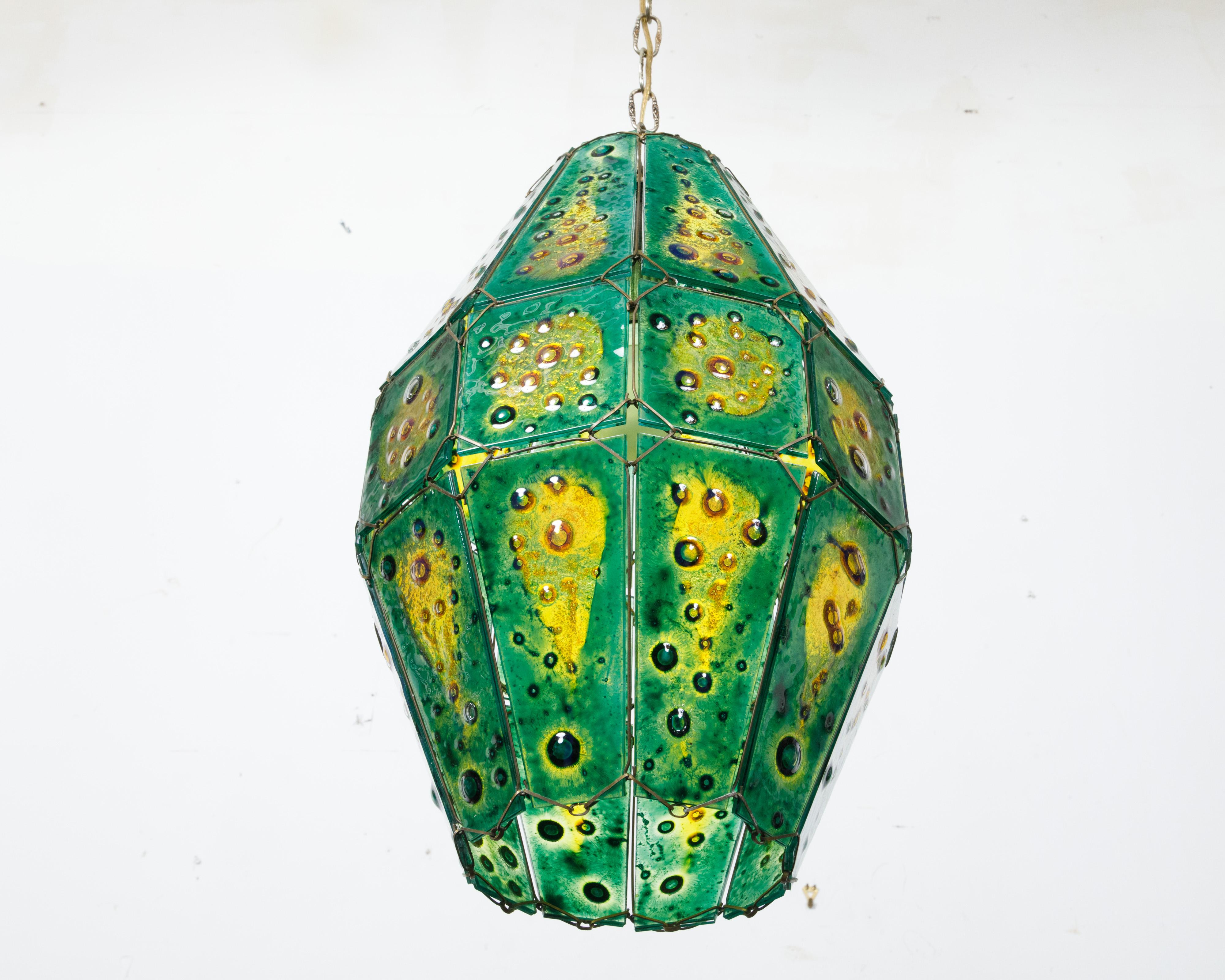 Felipe Derflingher Art Glass Pendant Light Fixture with Green and Yellow Tones For Sale 1