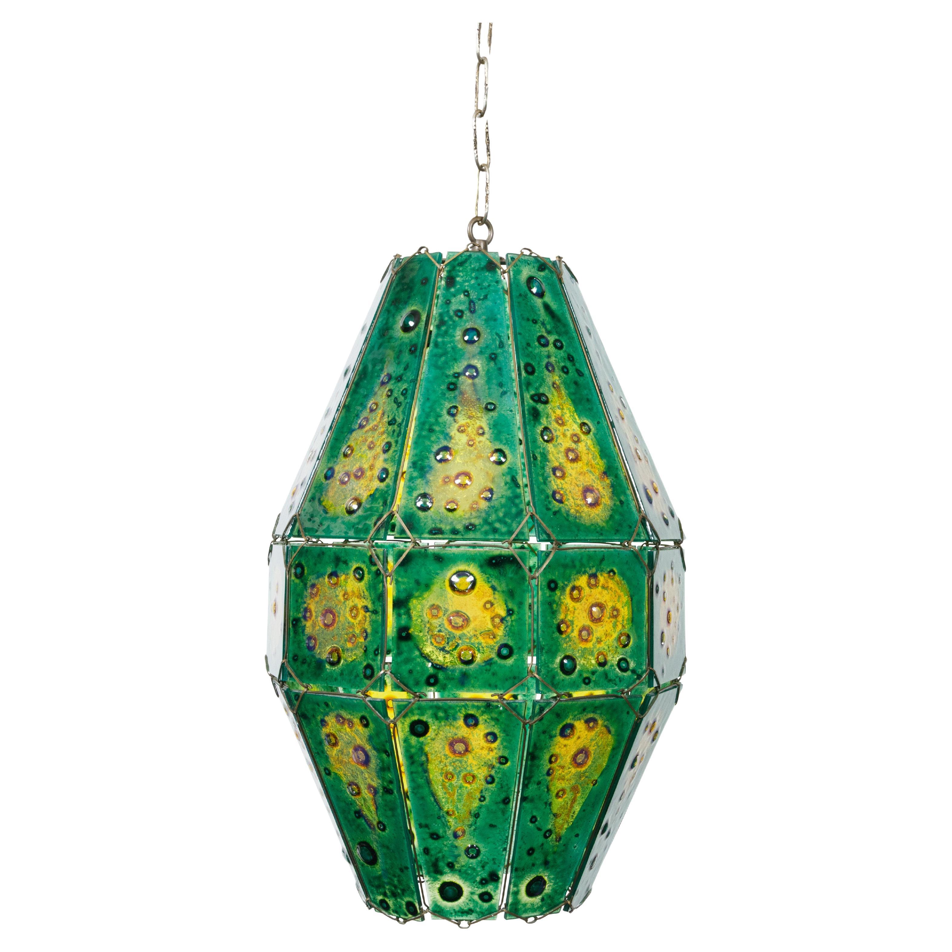 Felipe Derflingher Art Glass Pendant Light Fixture with Green and Yellow Tones